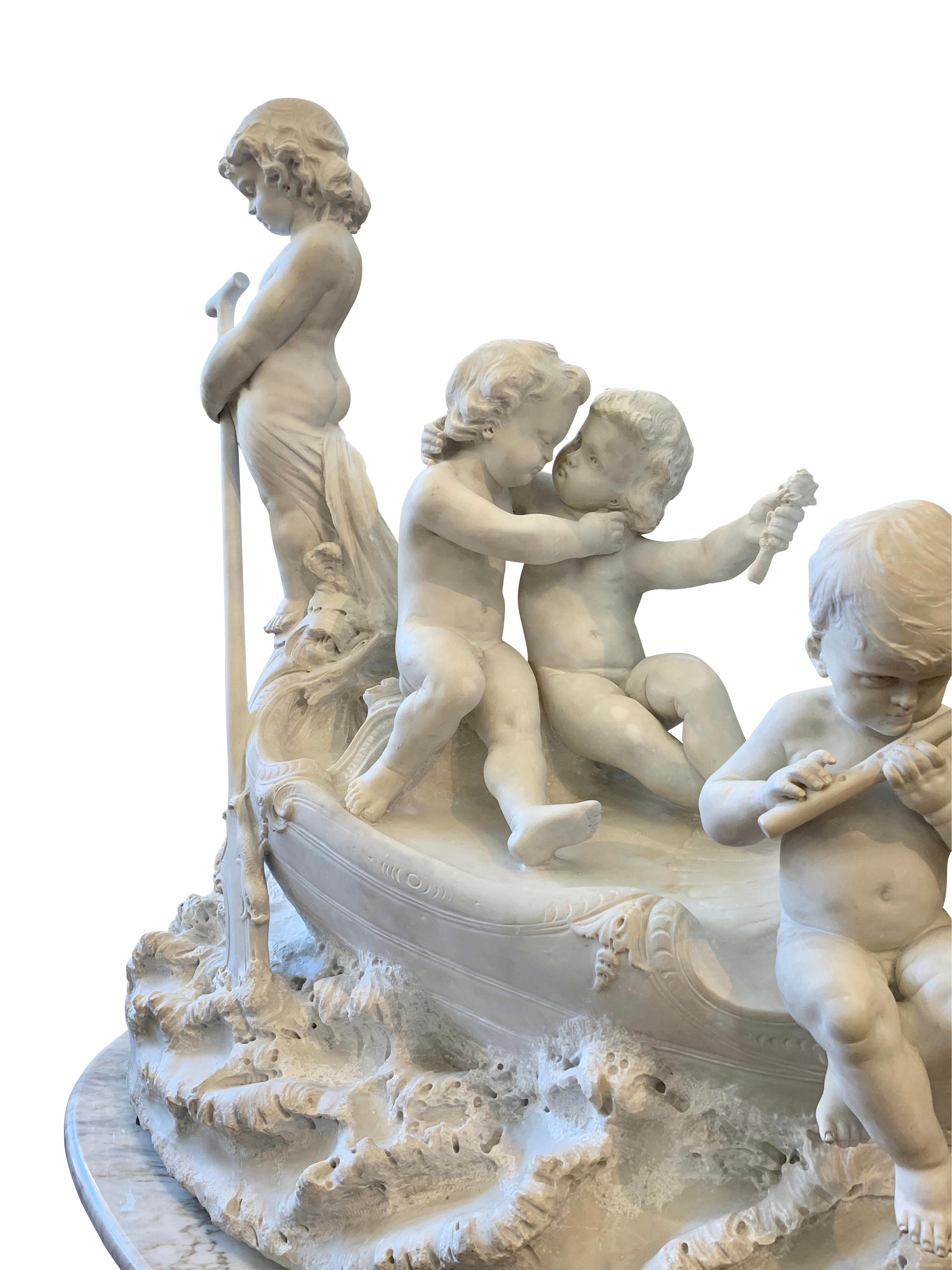 Grande sculpture en marbre du 19ème siècle, « Le bateau d'amour » en vente 8