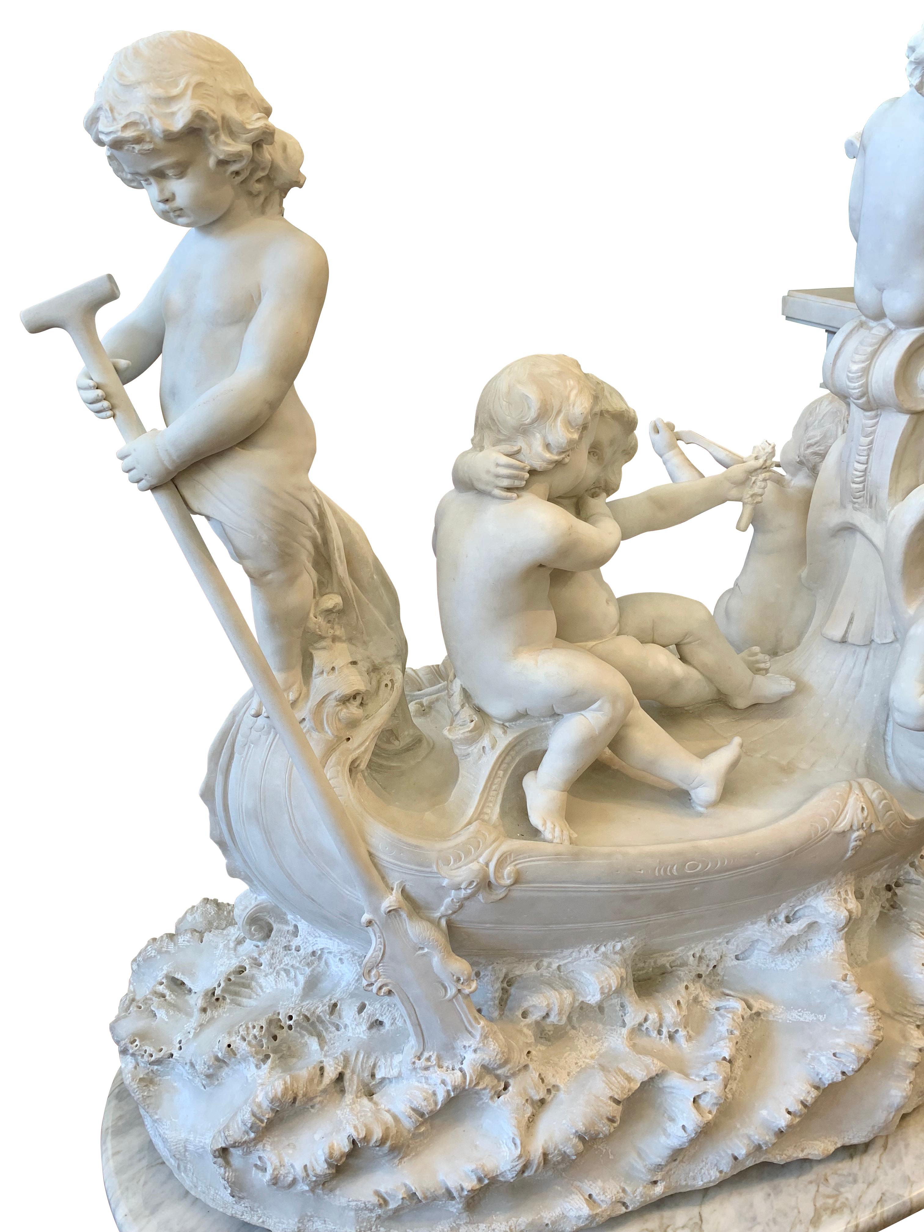 Grande sculpture en marbre du 19ème siècle, « Le bateau d'amour » en vente 11