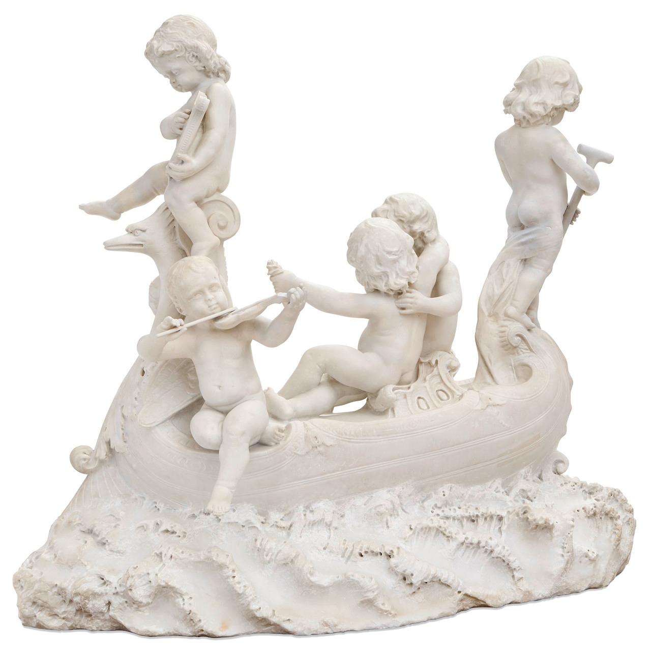 Grande sculpture en marbre du 19ème siècle, « Le bateau d'amour » en vente 14
