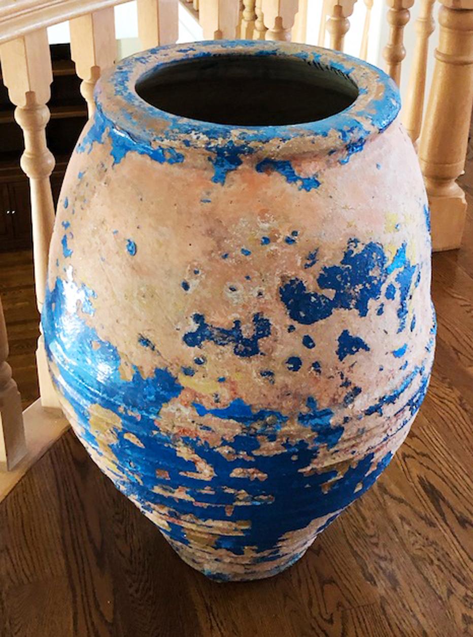 French Large 19th-Century Mediterranean Olive Oil Jar Made in Terracotta & Indigo Glaze For Sale