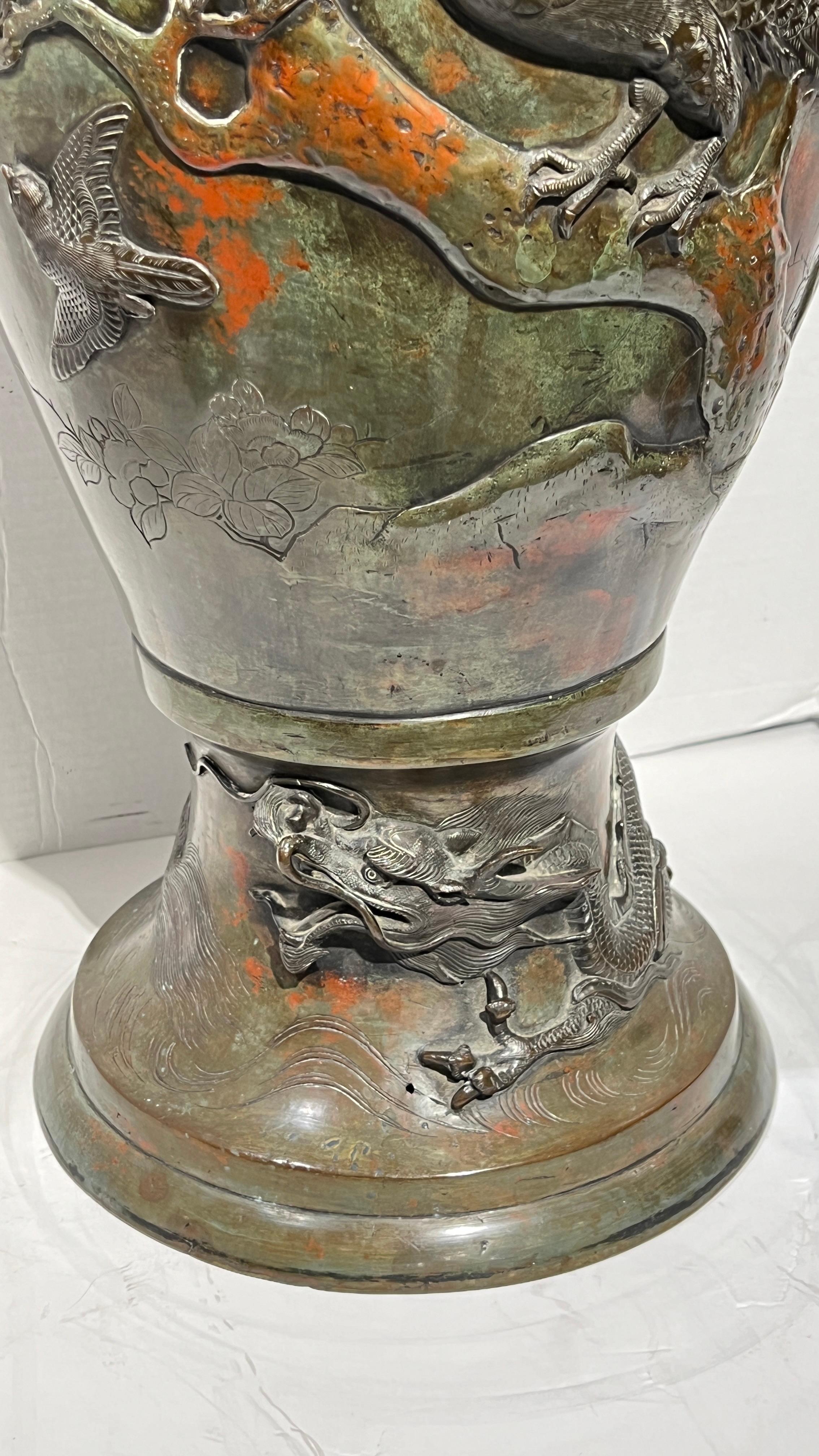 Large 19th Century Meiji Japanese Patinated Bronze Vase For Sale 8
