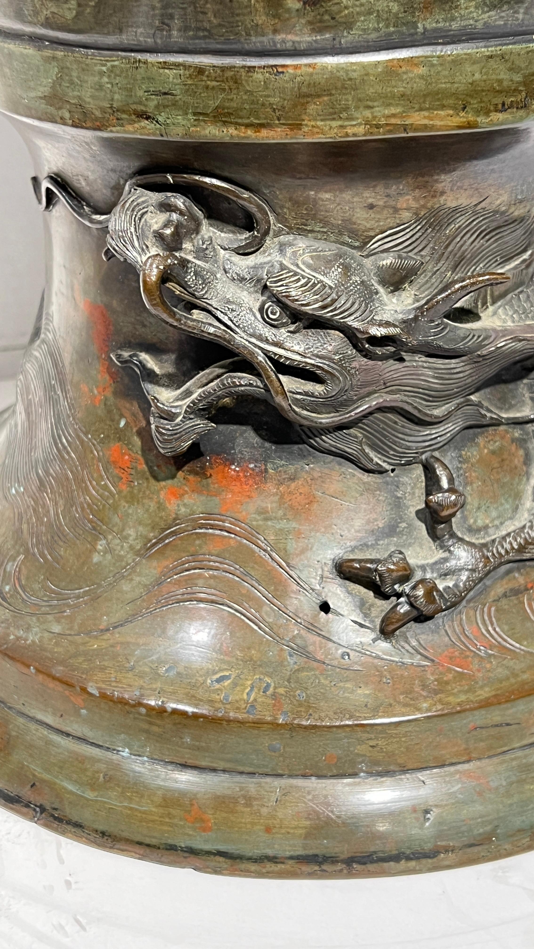 Large 19th Century Meiji Japanese Patinated Bronze Vase For Sale 9