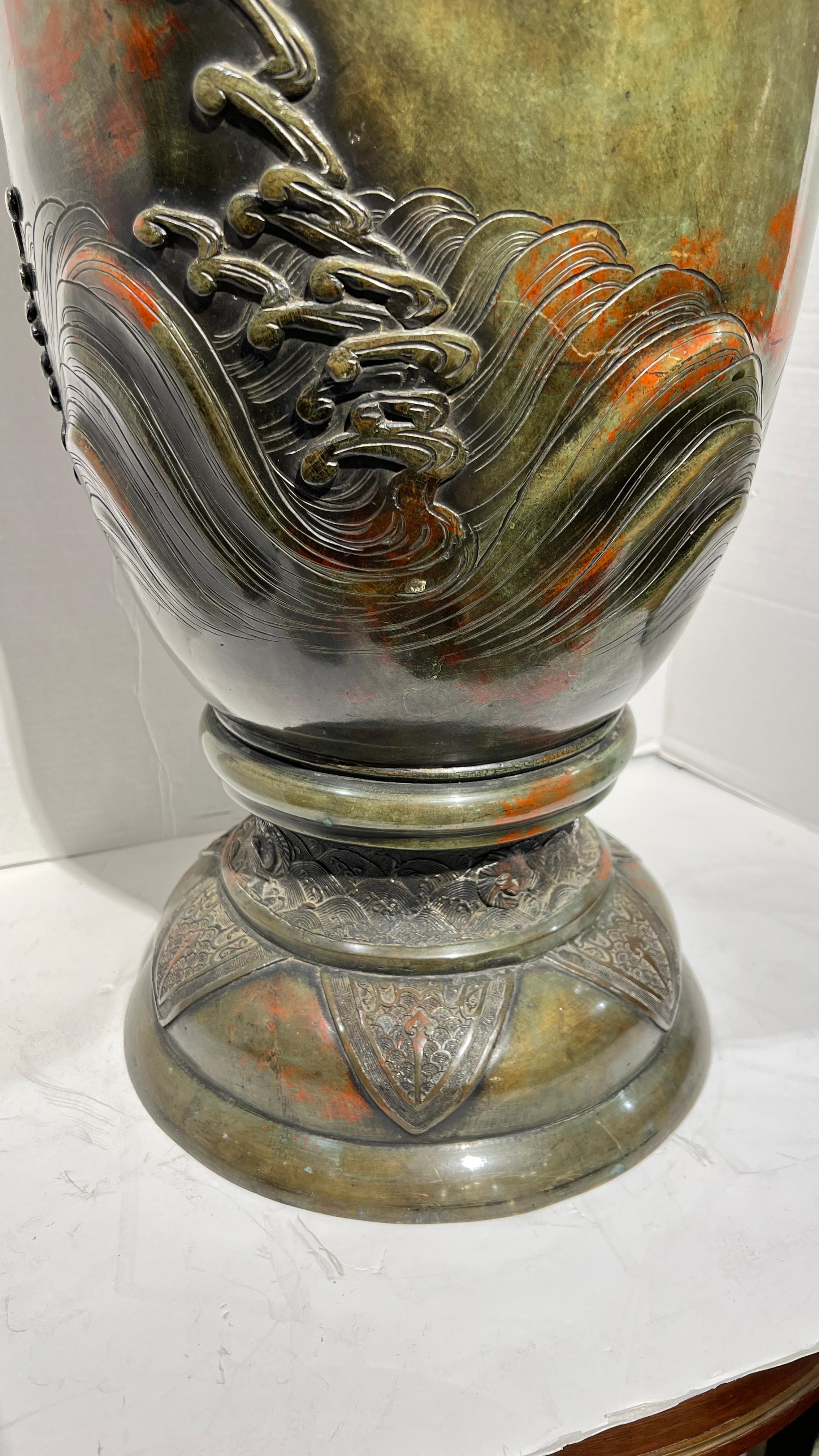 Large 19th Century Meiji Japanese Patinated Bronze Vase For Sale 11