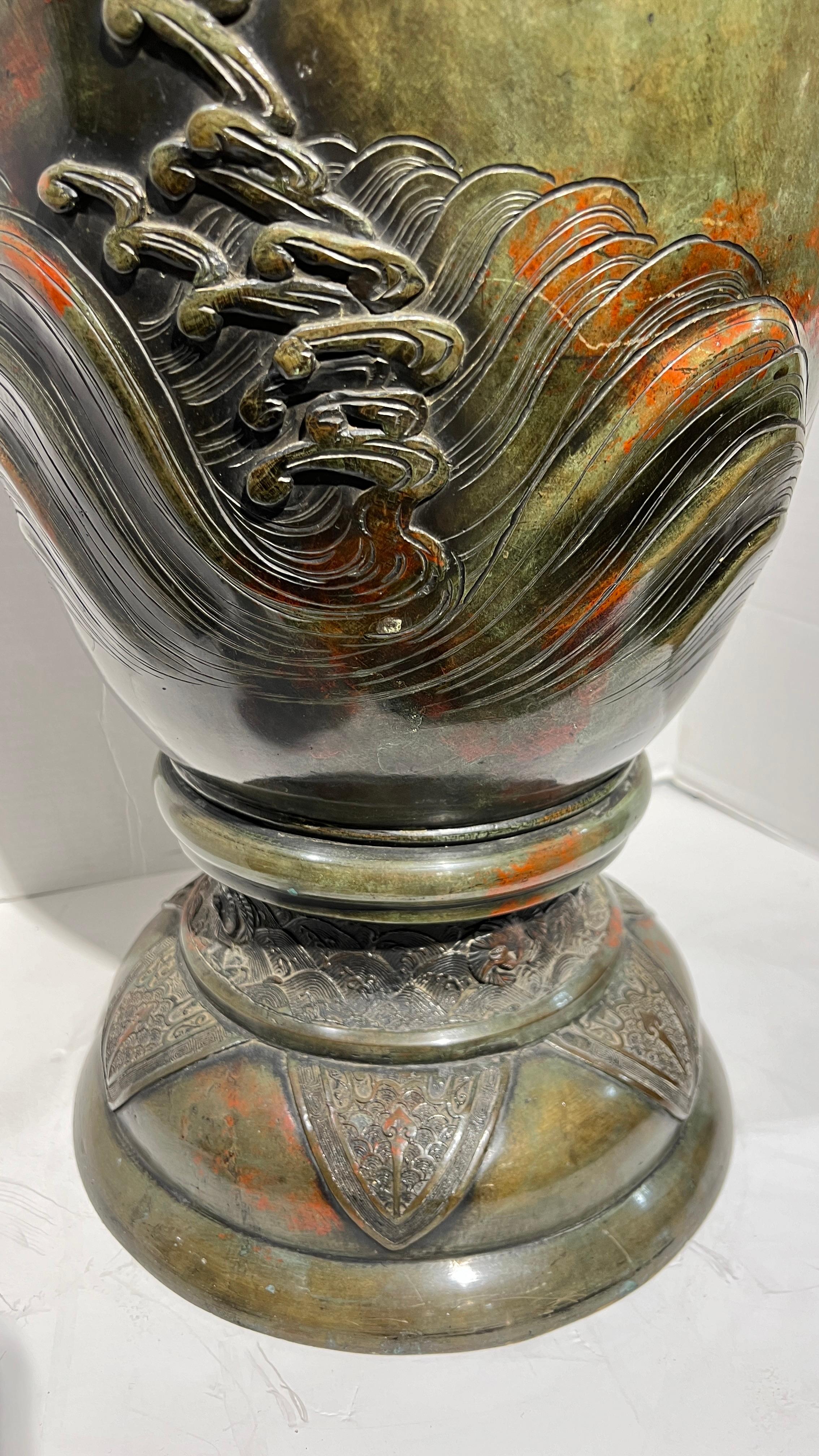 Large 19th Century Meiji Japanese Patinated Bronze Vase For Sale 12