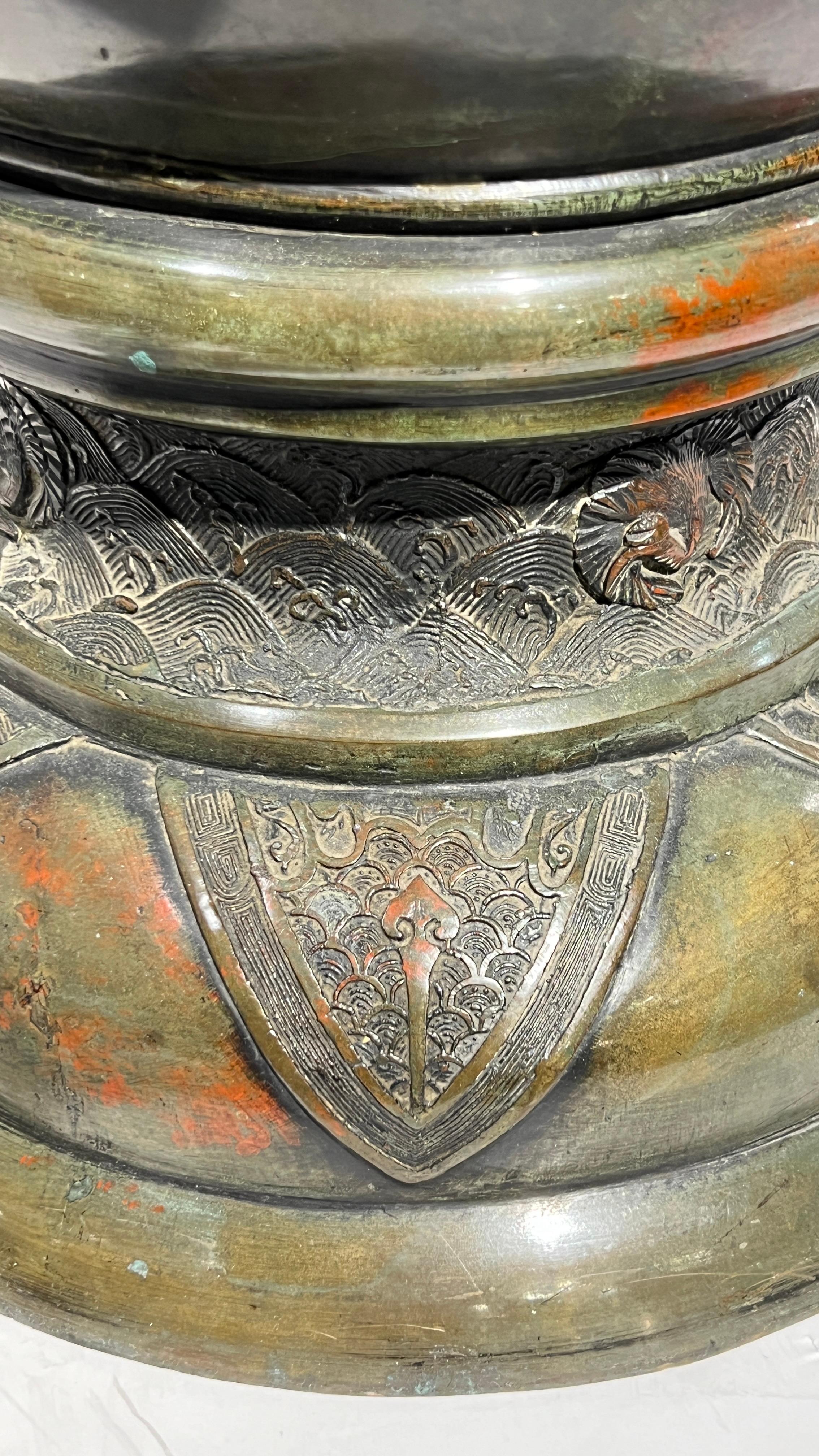 Large 19th Century Meiji Japanese Patinated Bronze Vase For Sale 13
