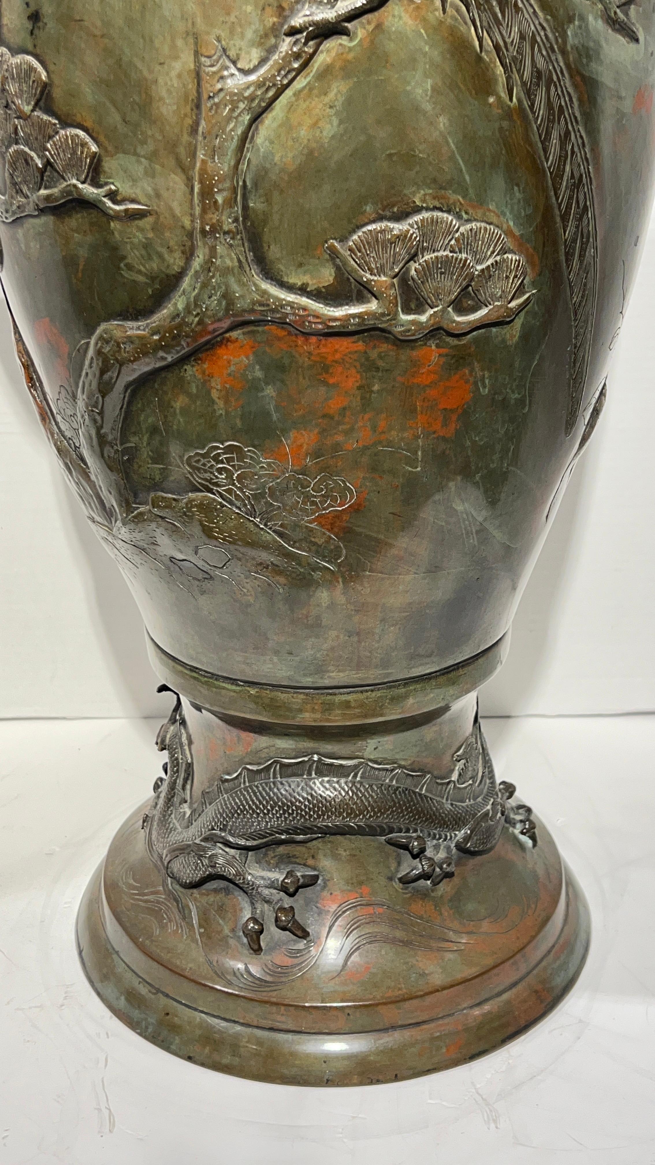 Large 19th Century Meiji Japanese Patinated Bronze Vase For Sale 14