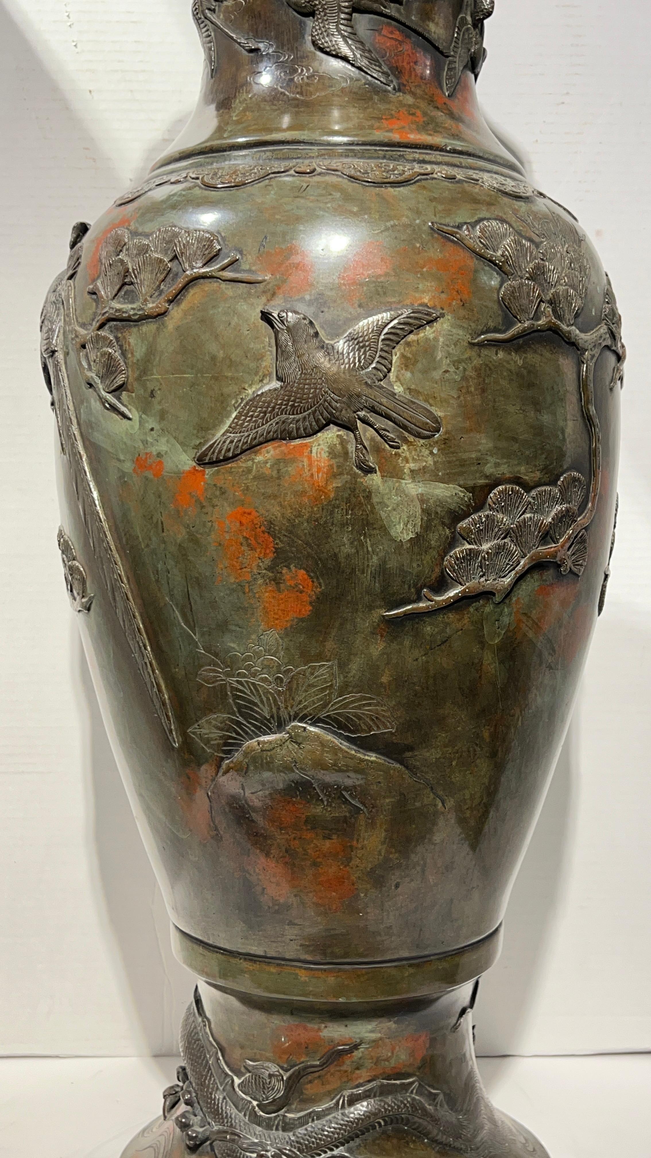 Large 19th Century Meiji Japanese Patinated Bronze Vase For Sale 15