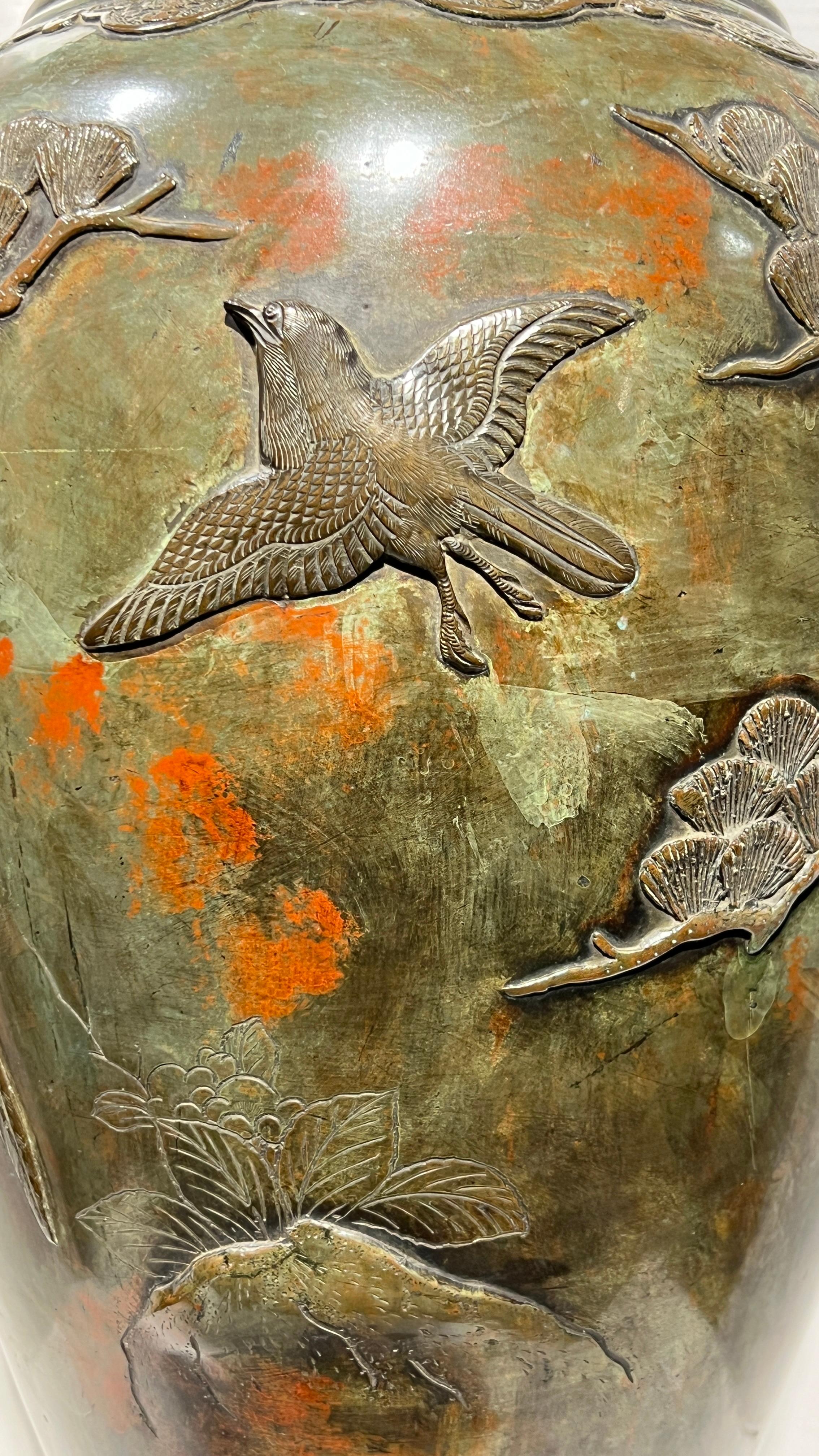 Large 19th Century Meiji Japanese Patinated Bronze Vase For Sale 16