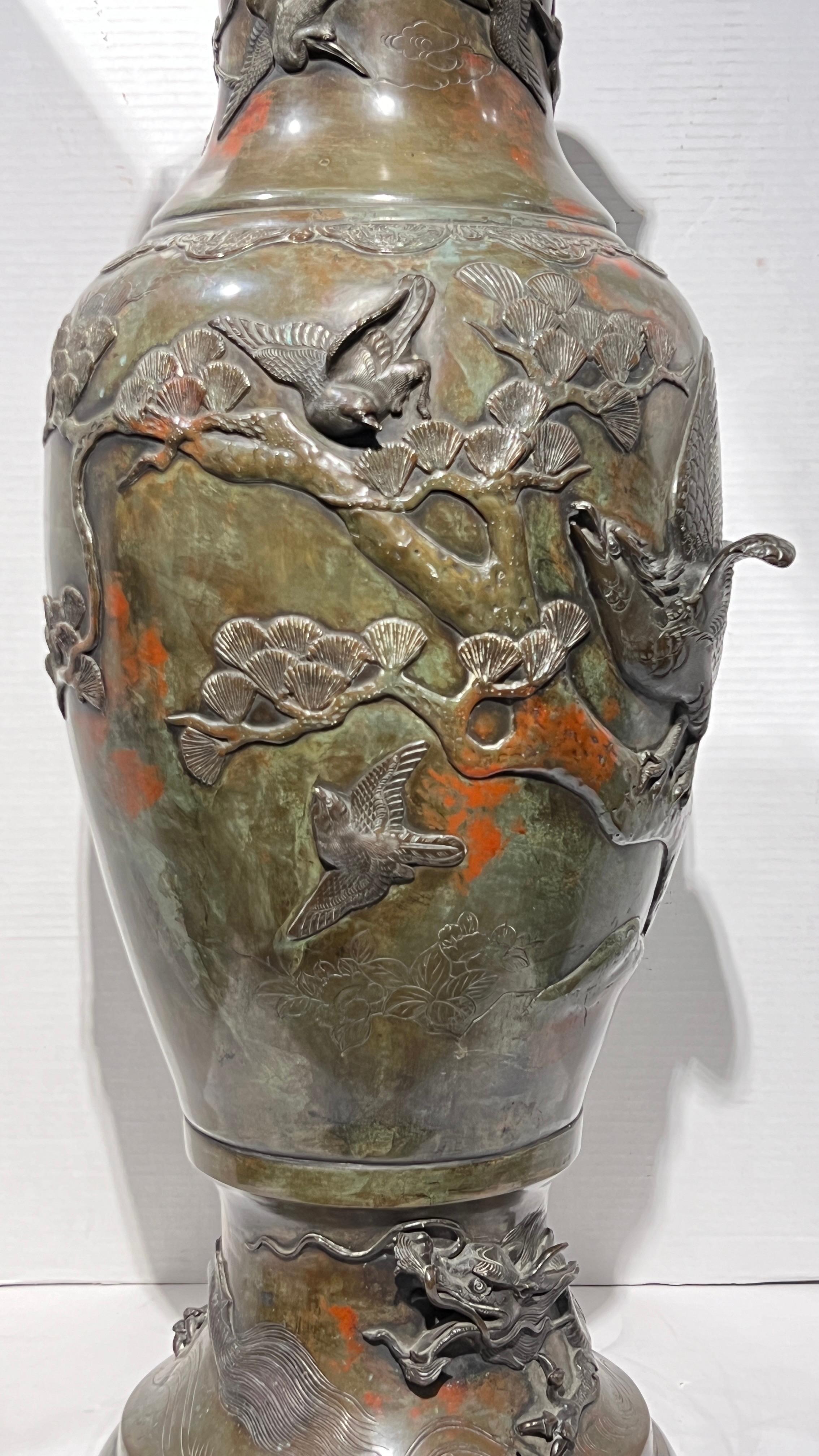 Large 19th Century Meiji Japanese Patinated Bronze Vase For Sale 17
