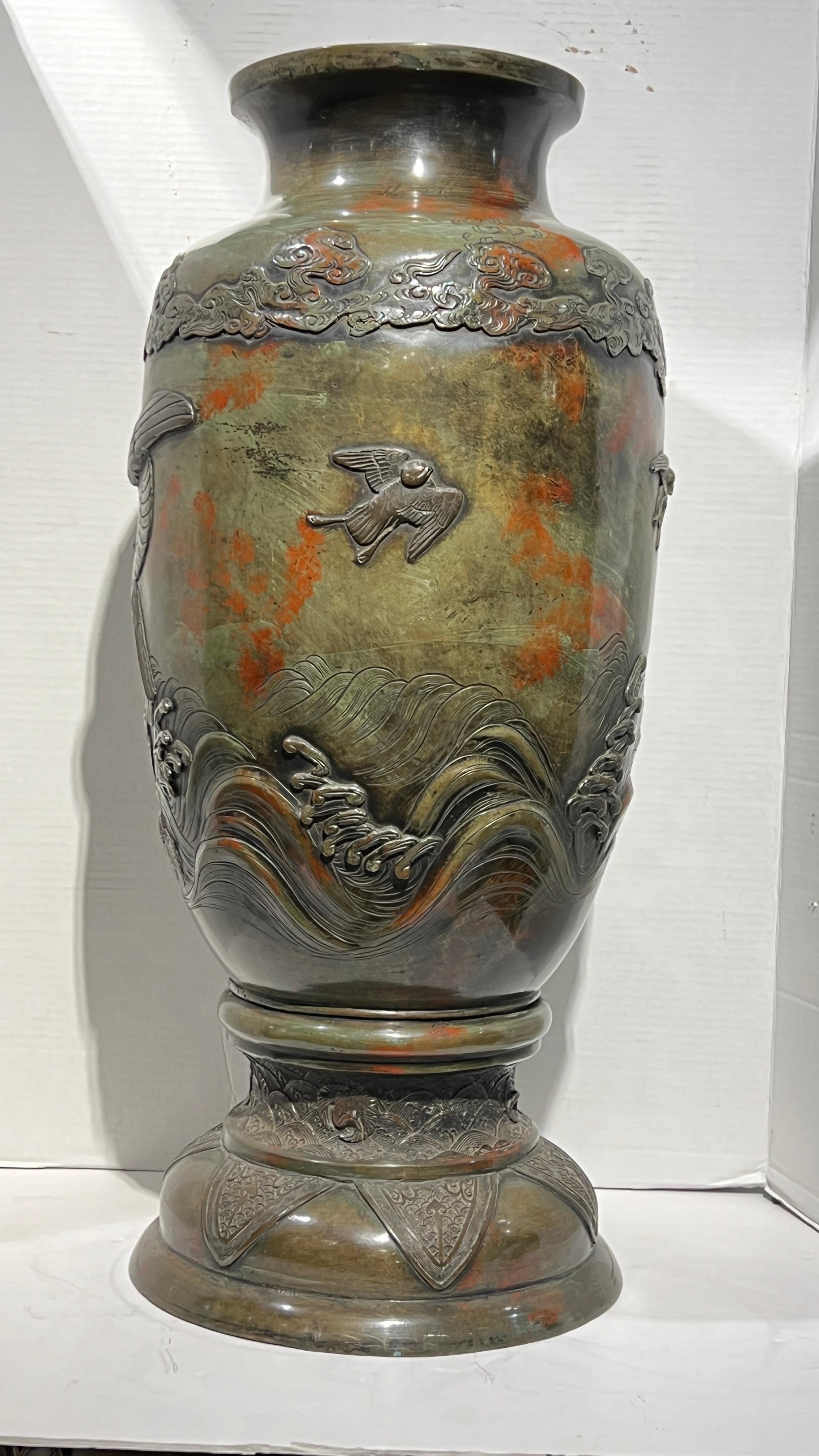 Large 19th Century Meiji Japanese Patinated Bronze Vase In Good Condition For Sale In New York, NY