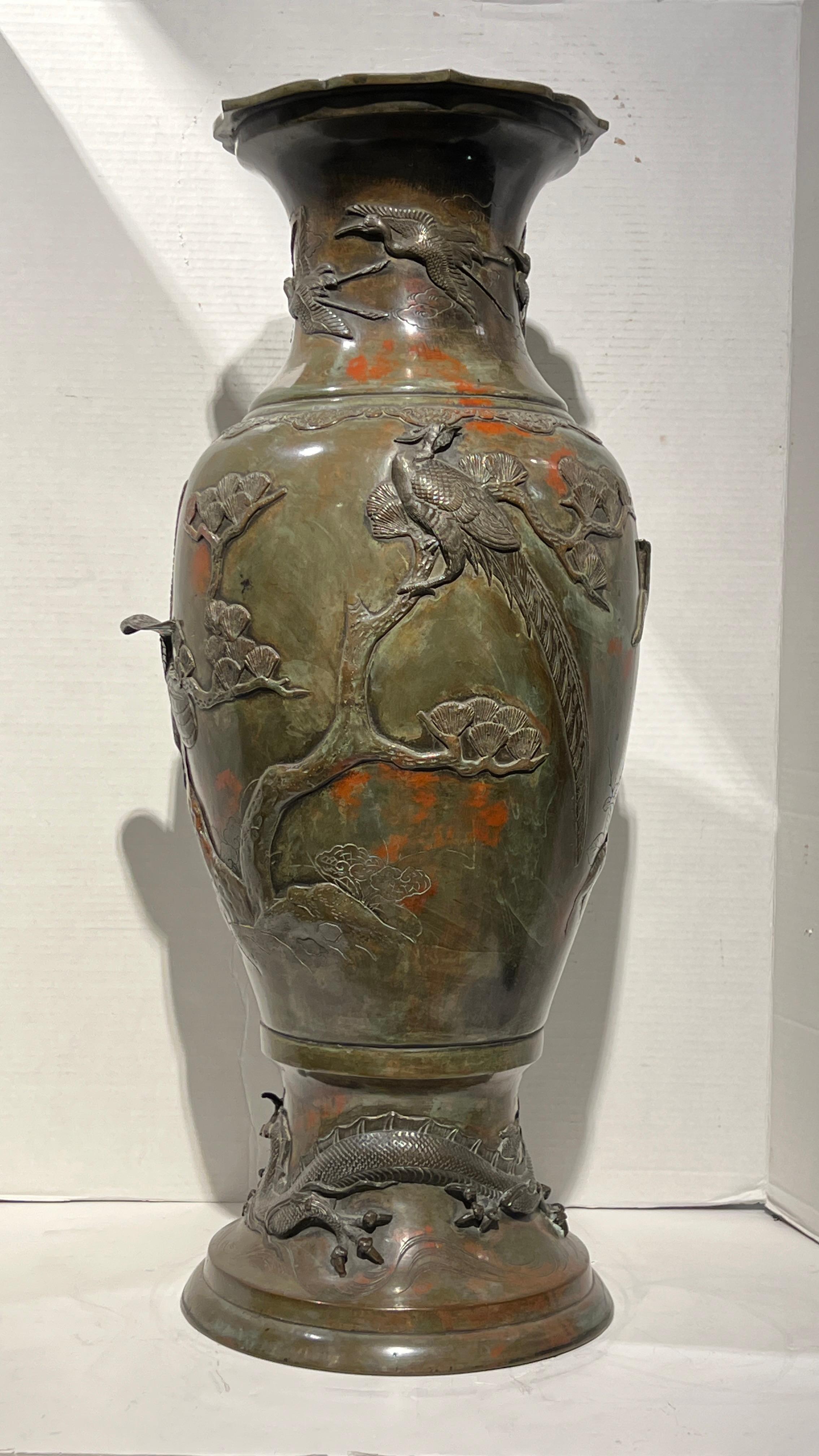 Large 19th Century Meiji Japanese Patinated Bronze Vase In Good Condition For Sale In New York, NY