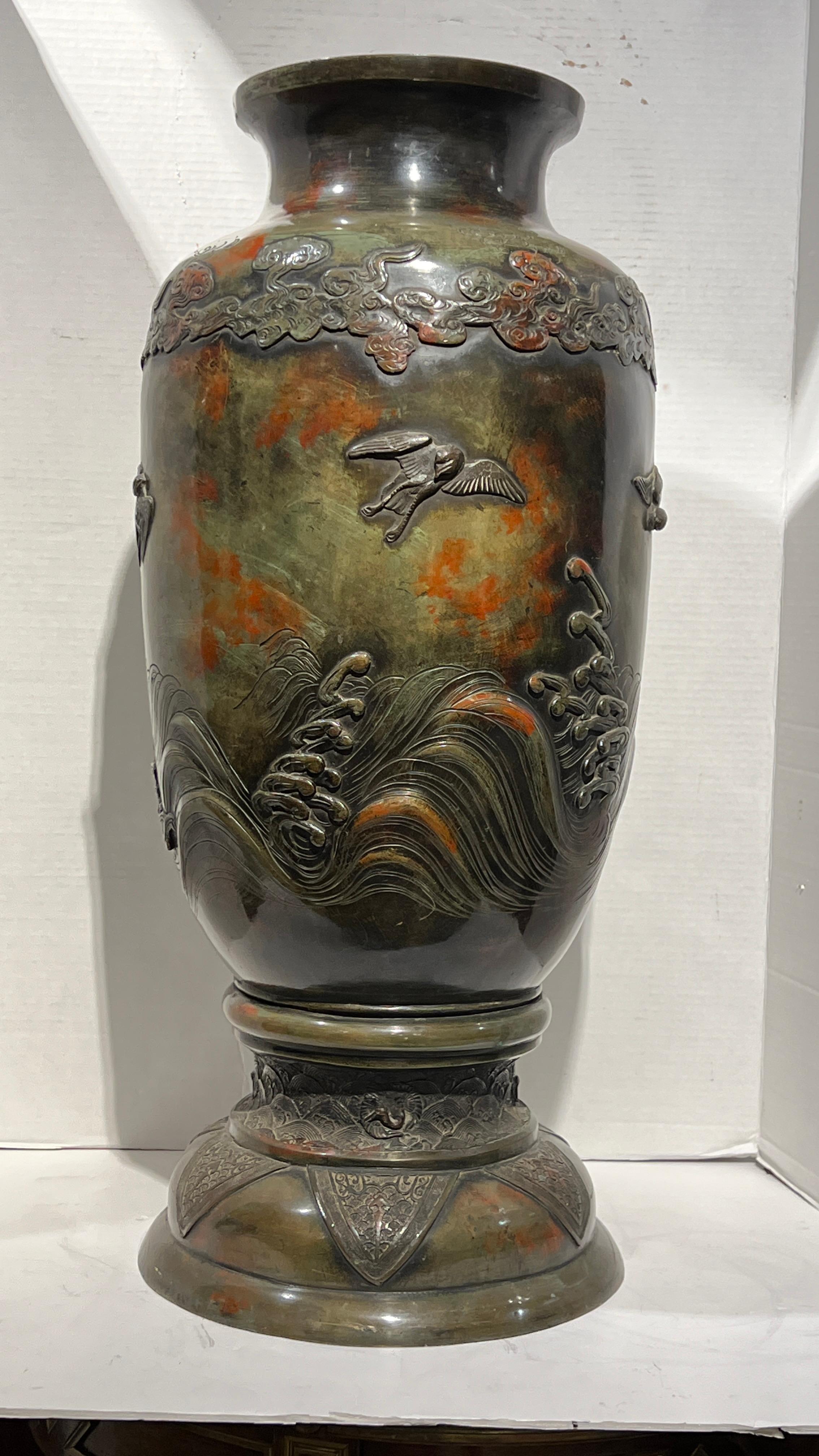 Large 19th Century Meiji Japanese Patinated Bronze Vase For Sale 2
