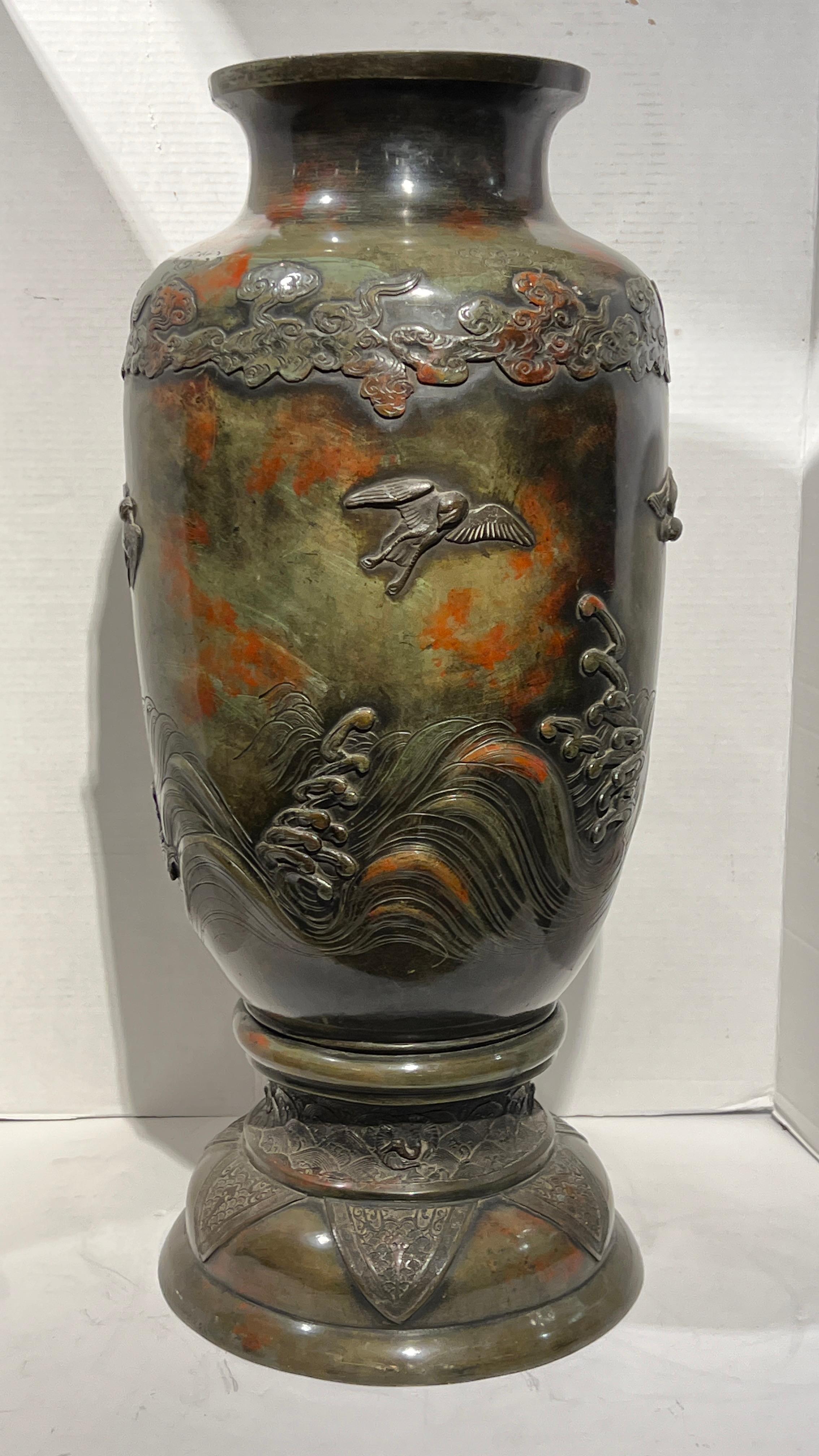 Large 19th Century Meiji Japanese Patinated Bronze Vase For Sale 3