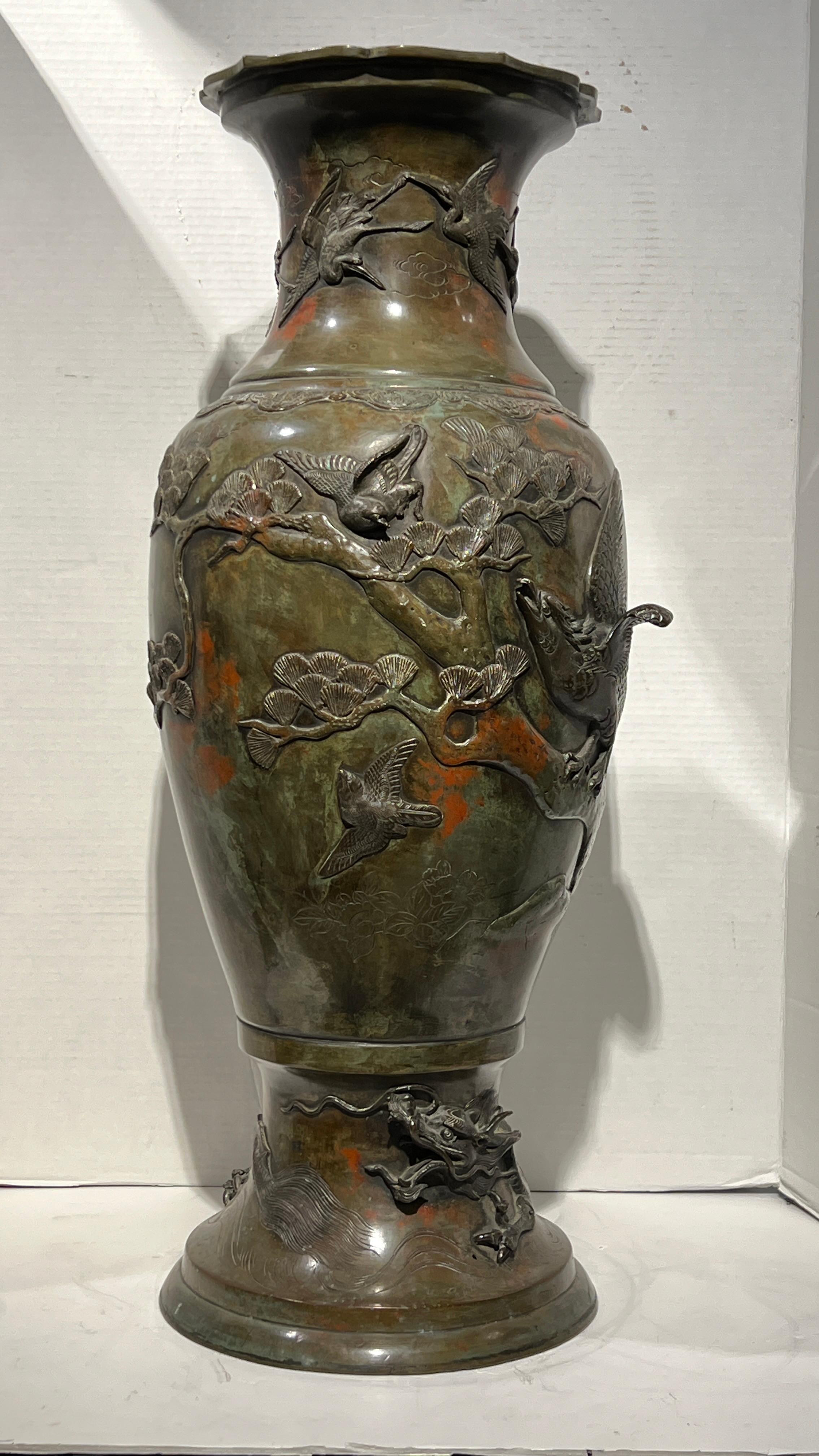 Large 19th Century Meiji Japanese Patinated Bronze Vase For Sale 4