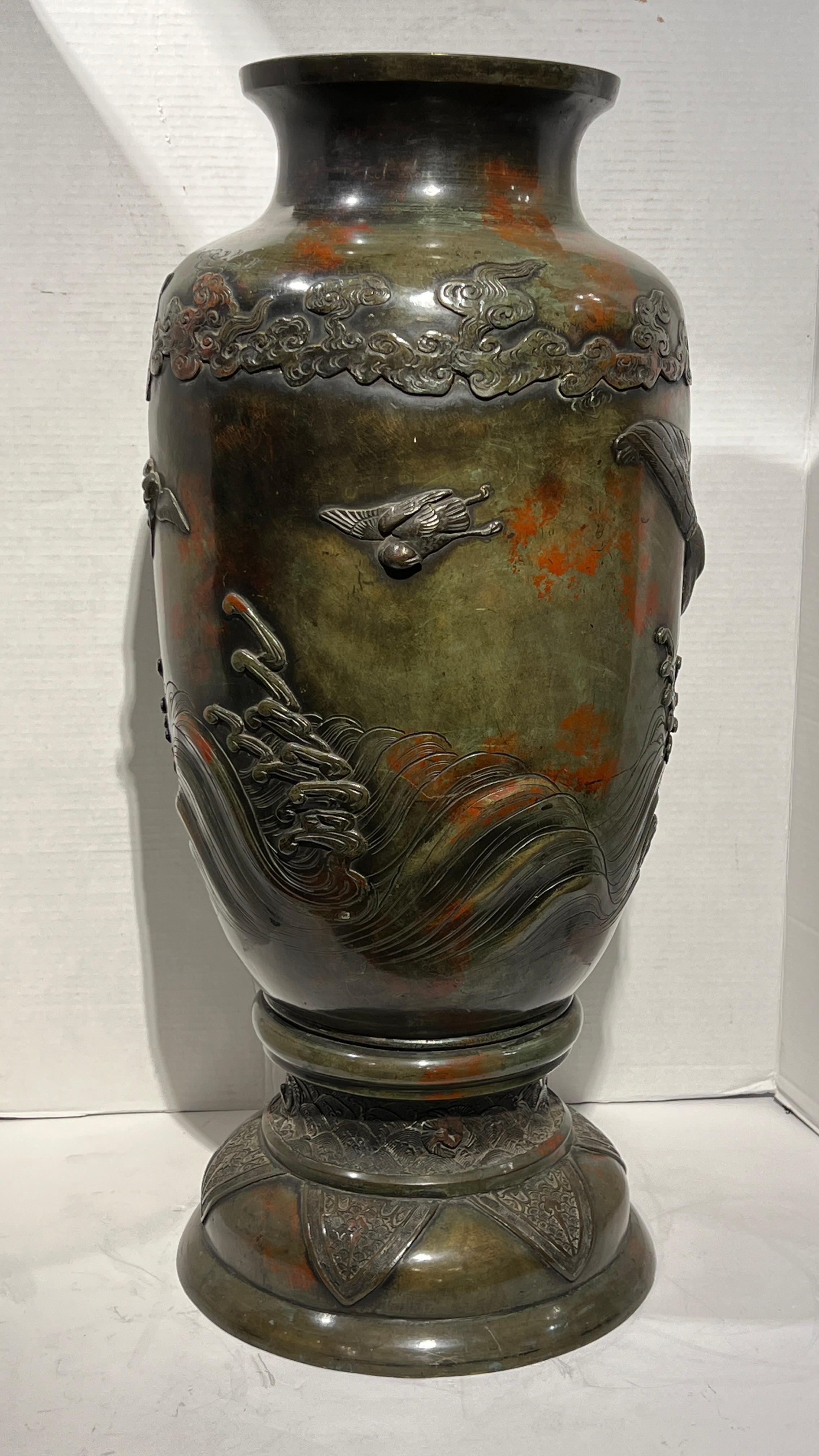 Large 19th Century Meiji Japanese Patinated Bronze Vase For Sale 5