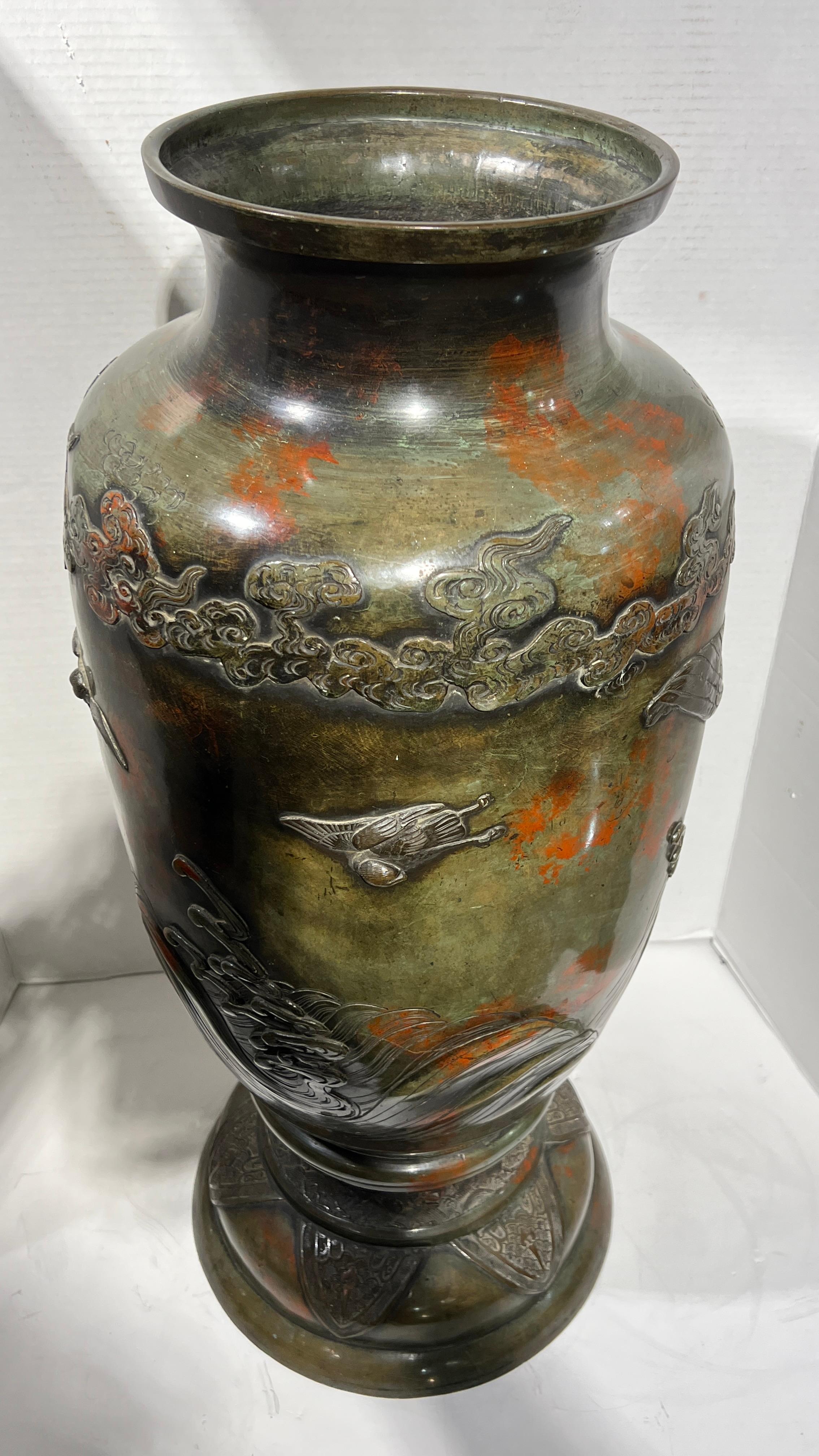 Large 19th Century Meiji Japanese Patinated Bronze Vase For Sale 6