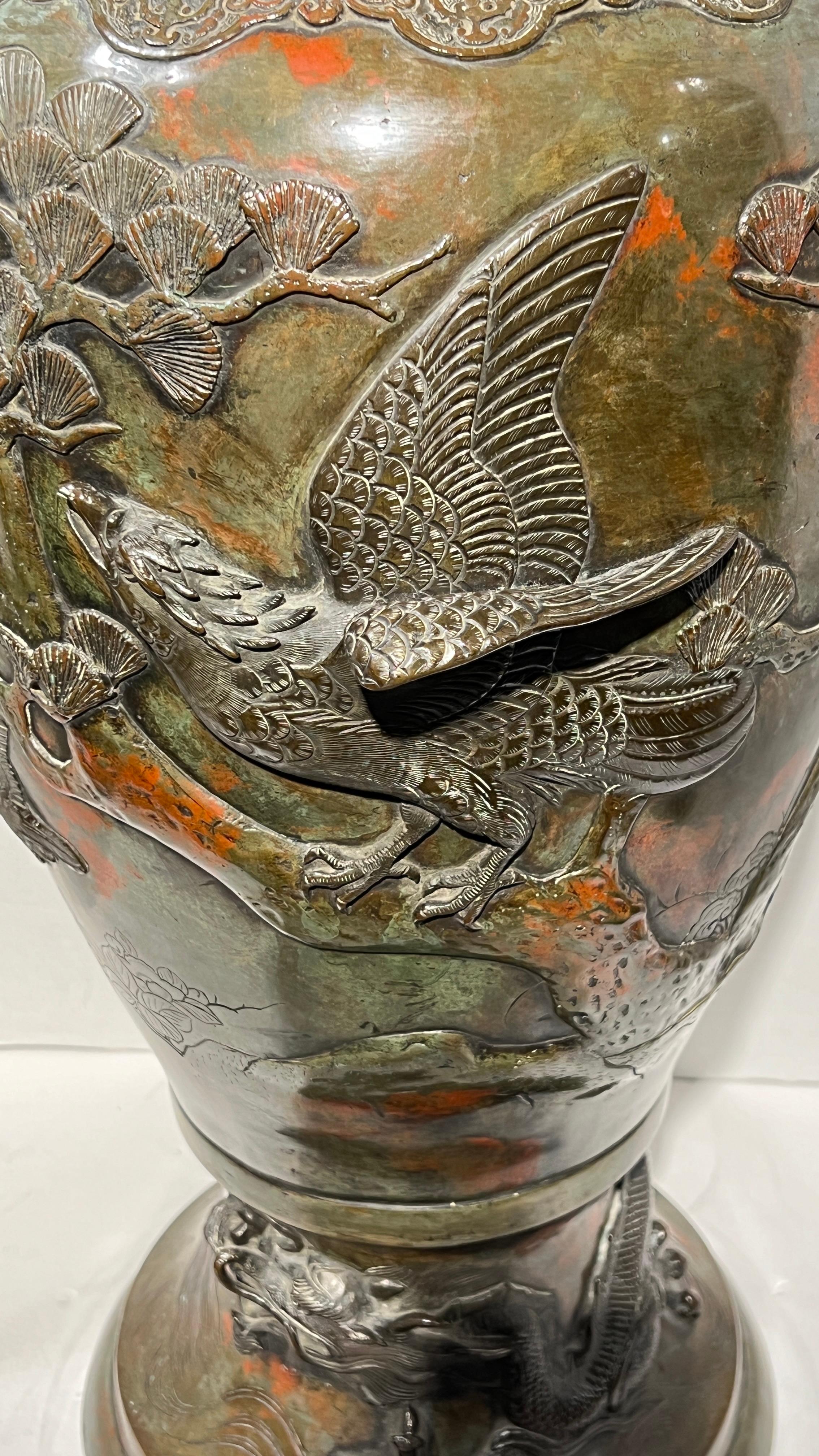 Large 19th Century Meiji Japanese Patinated Bronze Vase For Sale 6