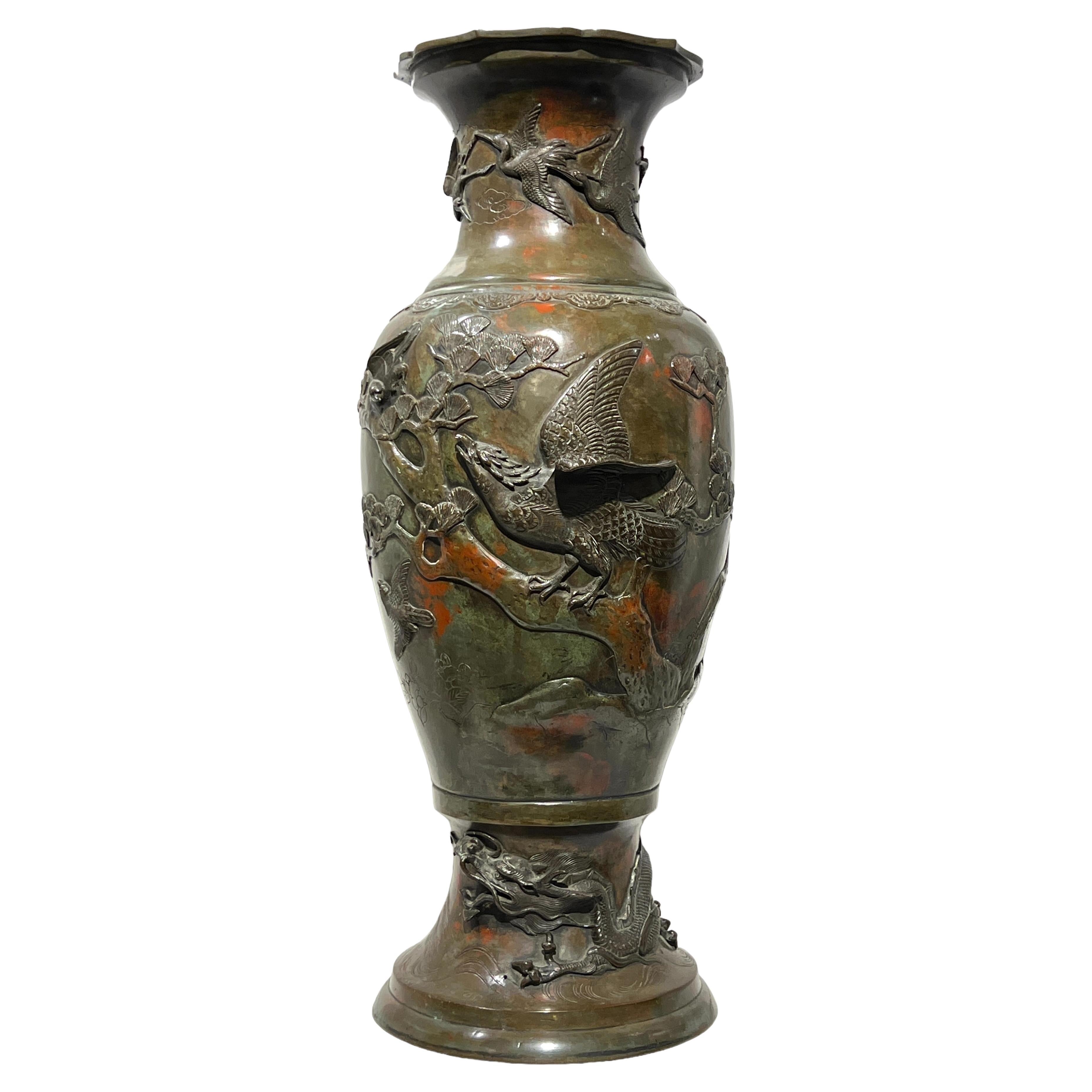 Large 19th Century Meiji Japanese Patinated Bronze Vase For Sale