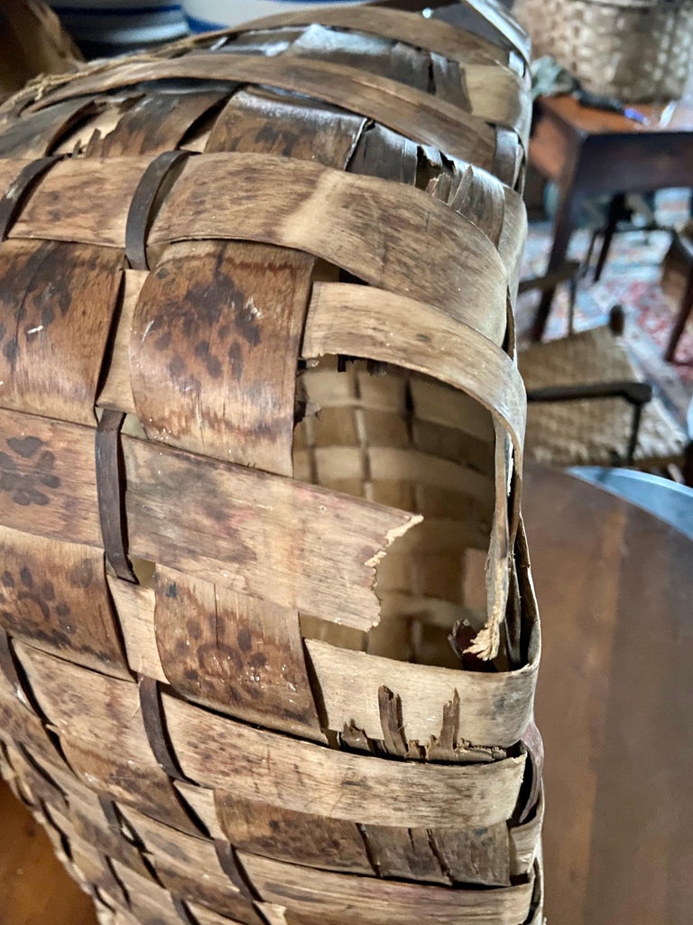 Large 19th Century Mi’kmaq Handwoven Feather Gathering Basket, Maine