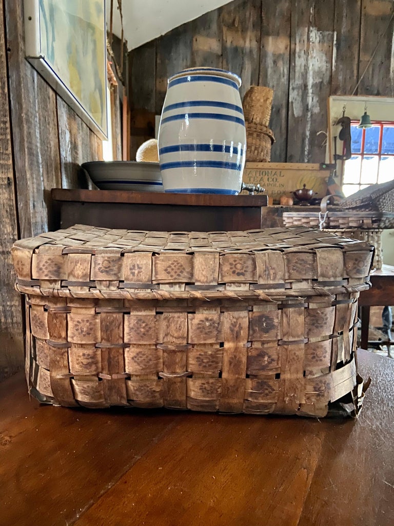 Large 19th Century Mi’kmaq Handwoven Feather Gathering Basket, Maine