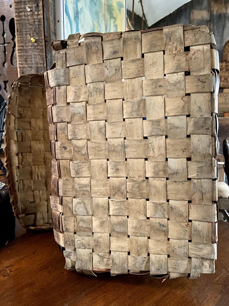 Large 19th Century Mi’kmaq Handwoven Feather Gathering Basket, Maine