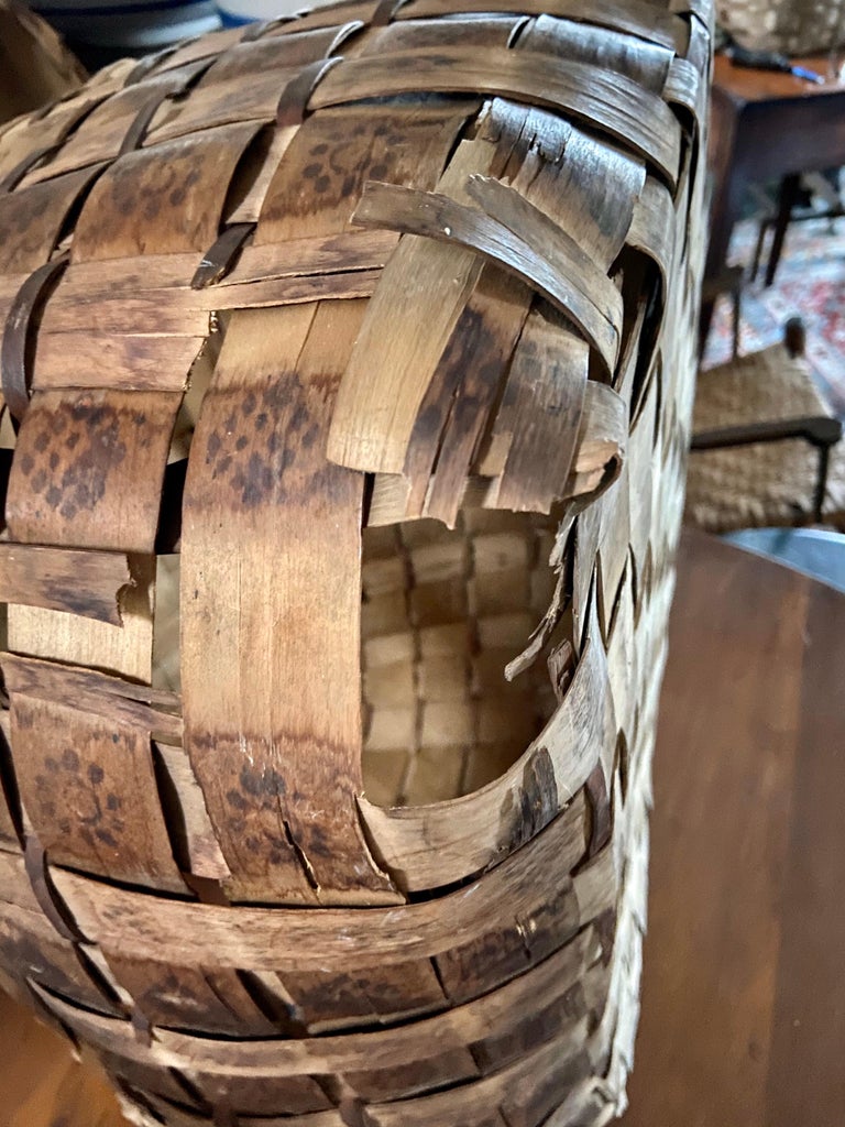 Large 19th Century Mi’kmaq Handwoven Feather Gathering Basket, Maine