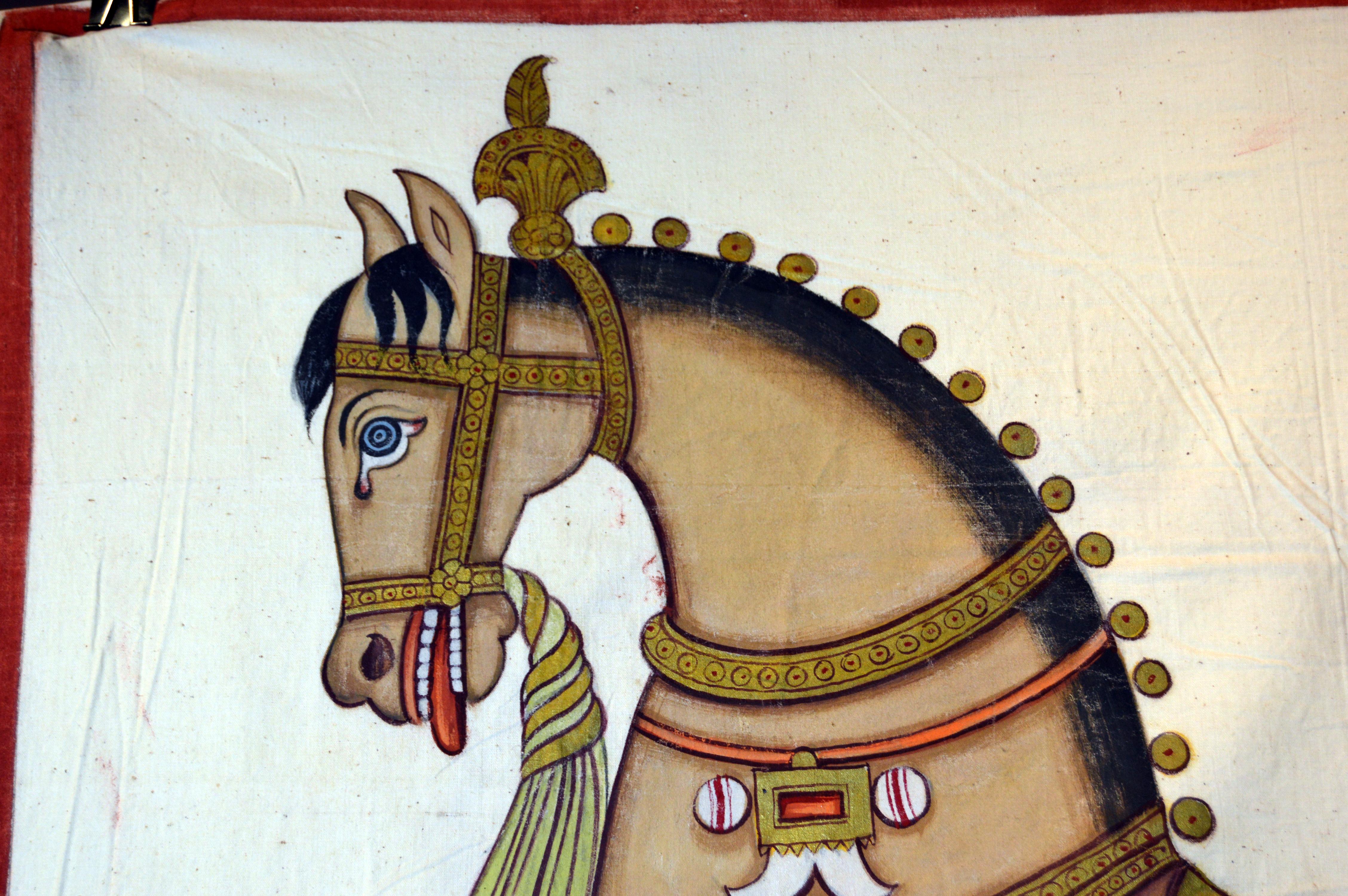 This large 19th century gilded horse pigment painting on cloth is from India’s Mughal period and features brilliant colors. We have over 20 of these items and each one is somewhat unique with varying colors and styles. They are priced and sold
