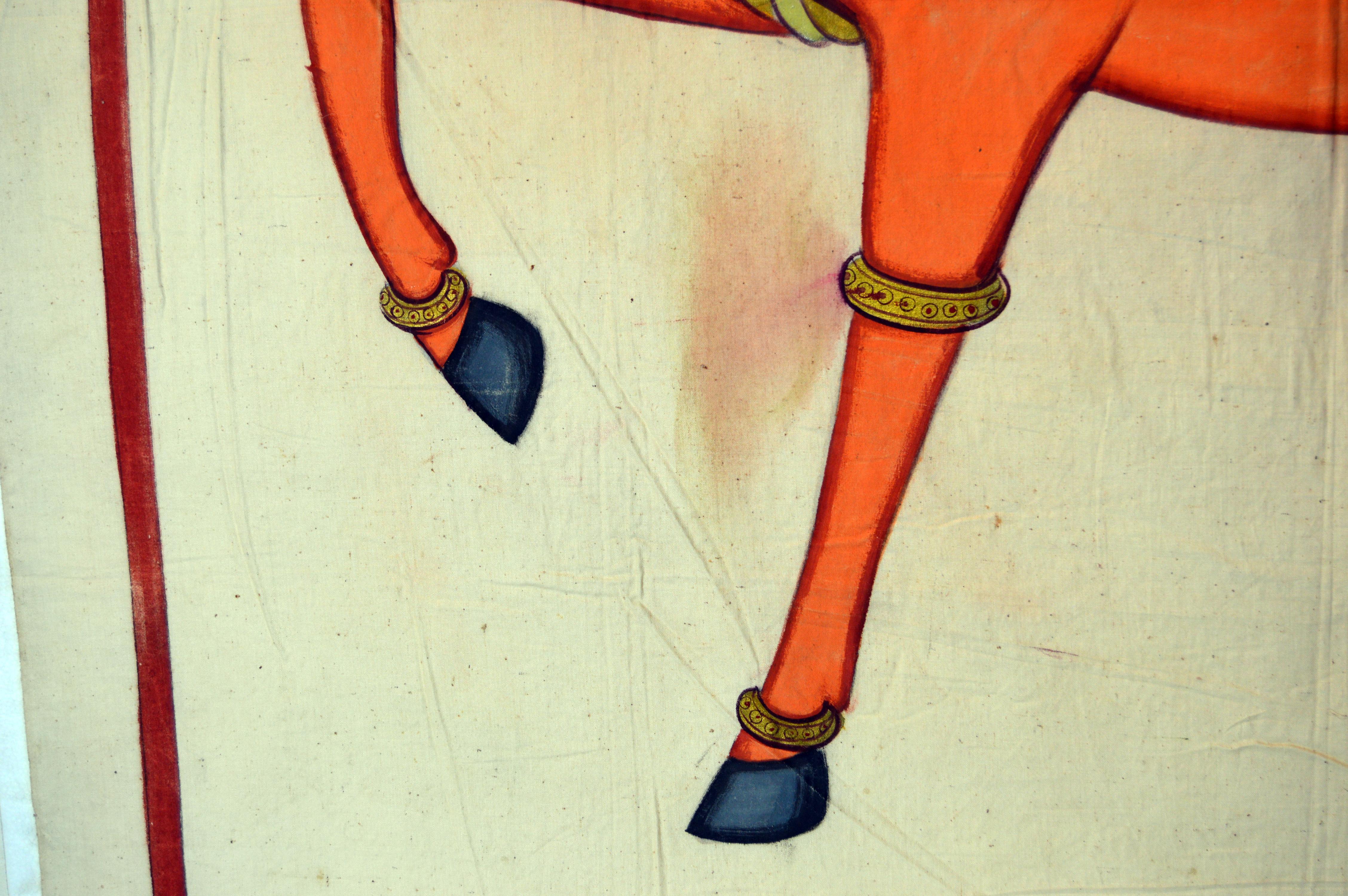 Large 19th Century Mughal Indian Colorful Gilded Horse Painting on Cloth In Good Condition In Yonkers, NY