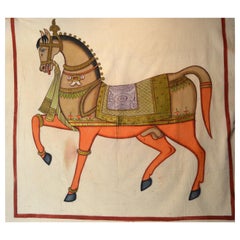 Large 19th Century Mughal Indian Colorful Gilded Horse Painting on Cloth