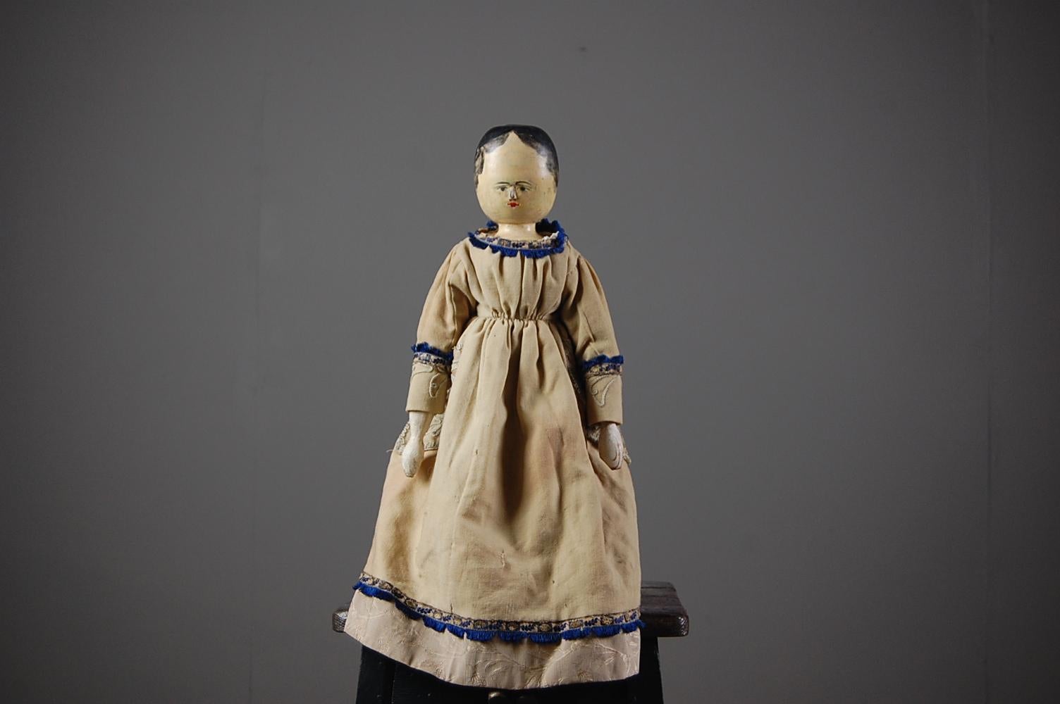Wonderful naive, large scale Grodnertal or peg doll, squashed facial features give this characterful example added charm. This is the largest example we have owned, Traditionally these were sold just as dolls and the purchasing owner would make new