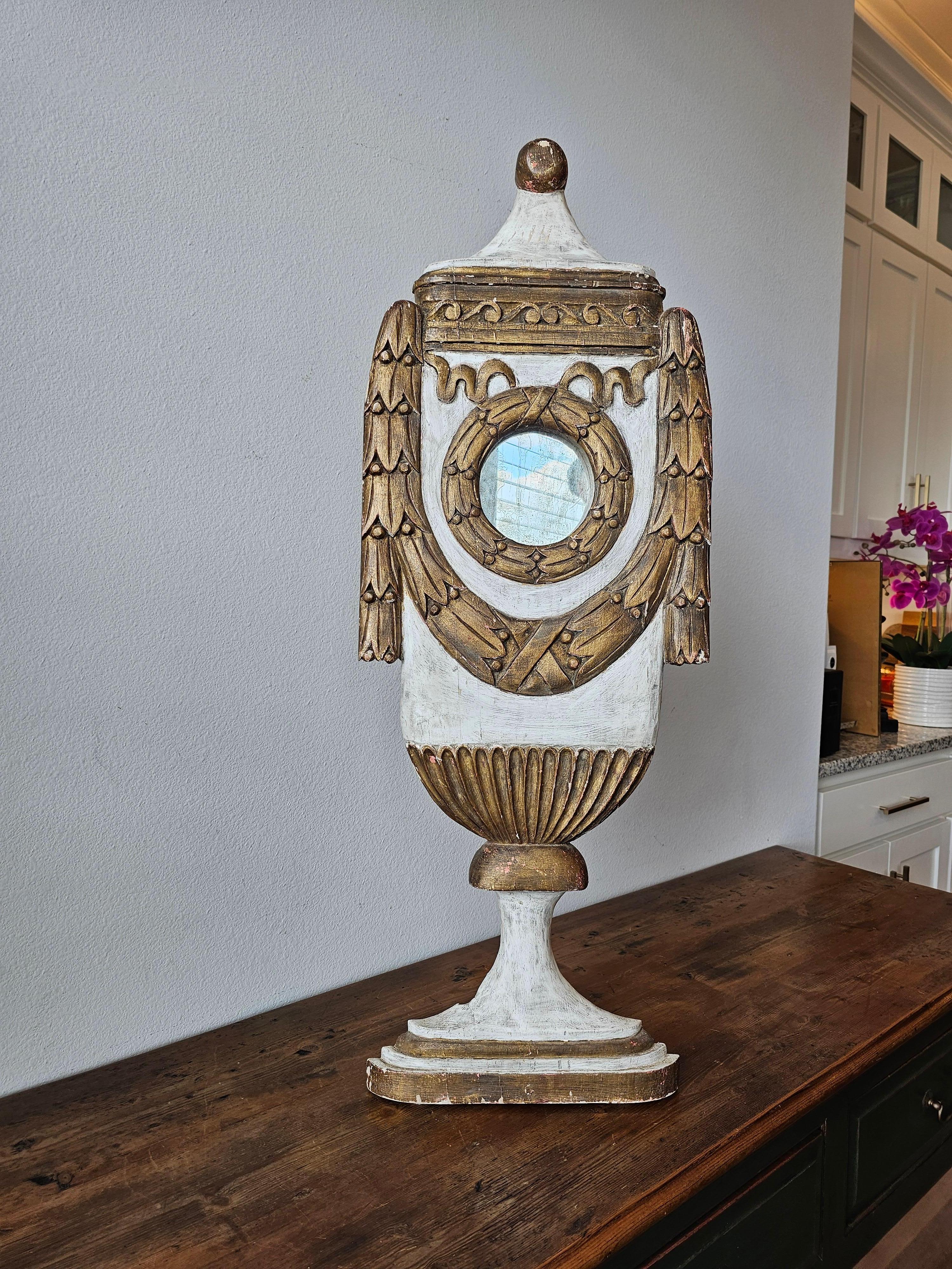 Large 19th Century Neoclassical Carved Painted Gilt Wood Mirrored Urn Statue For Sale 11