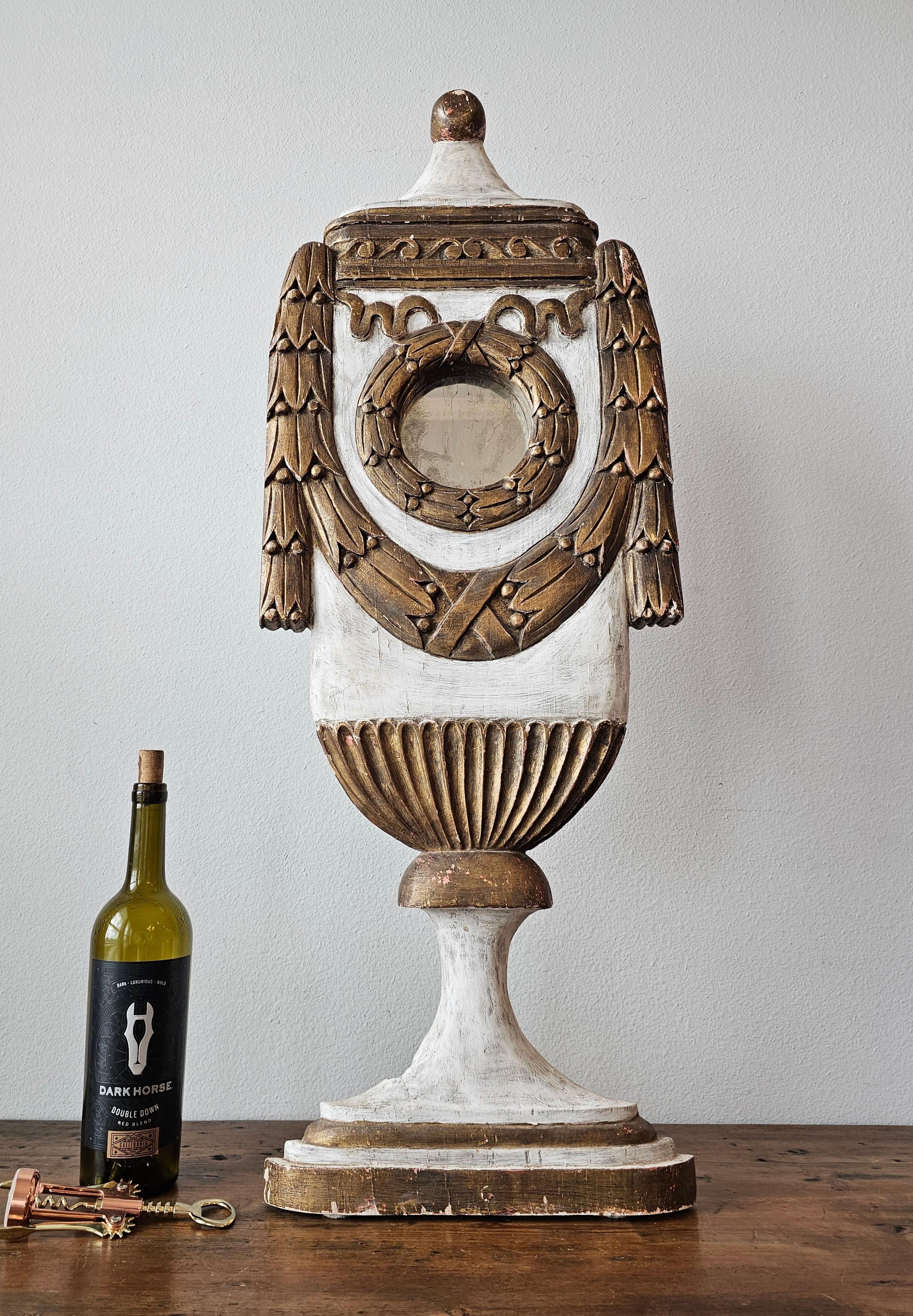 Large 19th Century Neoclassical Carved Painted Gilt Wood Mirrored Urn Statue For Sale 12