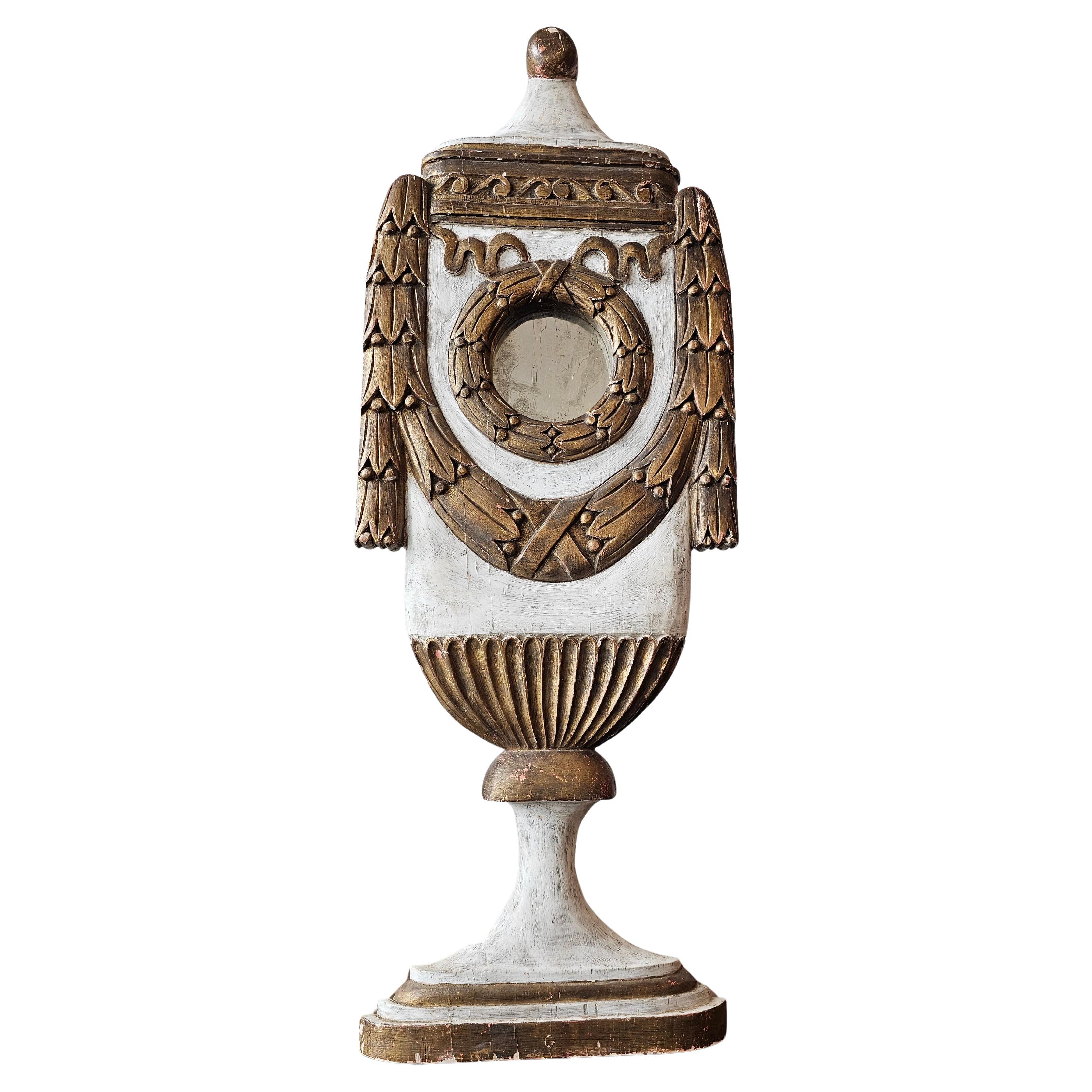 Large 19th Century Neoclassical Carved Painted Gilt Wood Mirrored Urn Statue For Sale