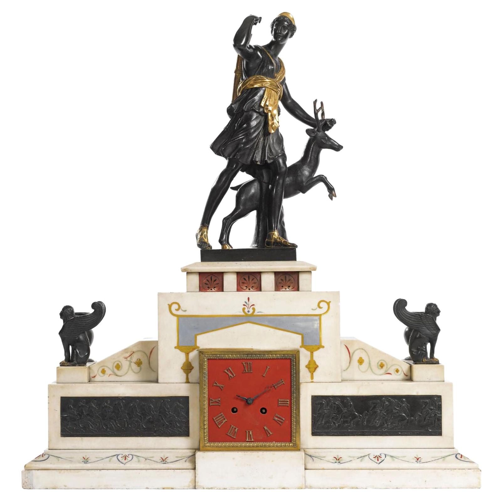 Large 19th Century Neoclassical Figural Bronze and Marble Mantle Clock