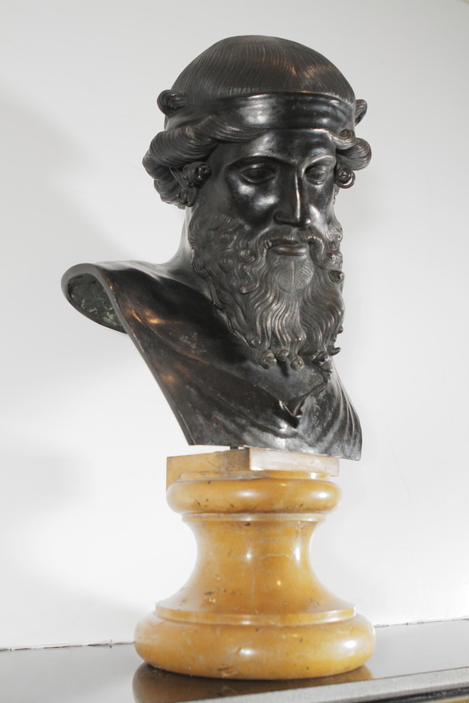 Large 19th Century Neoclassical Roman Bronze Bust of Saturn on Marble Base In Excellent Condition In Lambertville, NJ