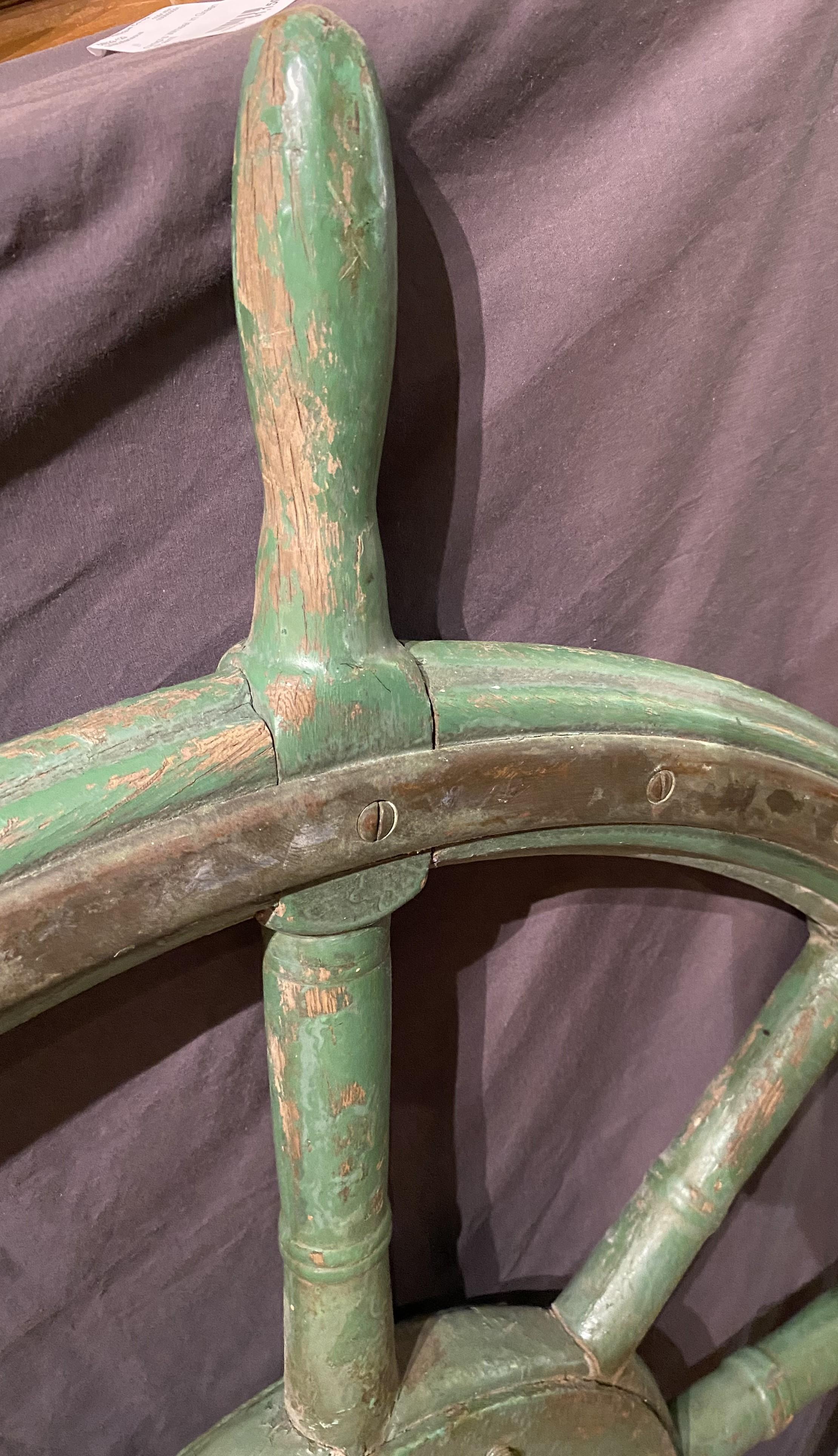 Large 19th Century Oak and Iron Ship’s Wheel in Green Paint For Sale 5