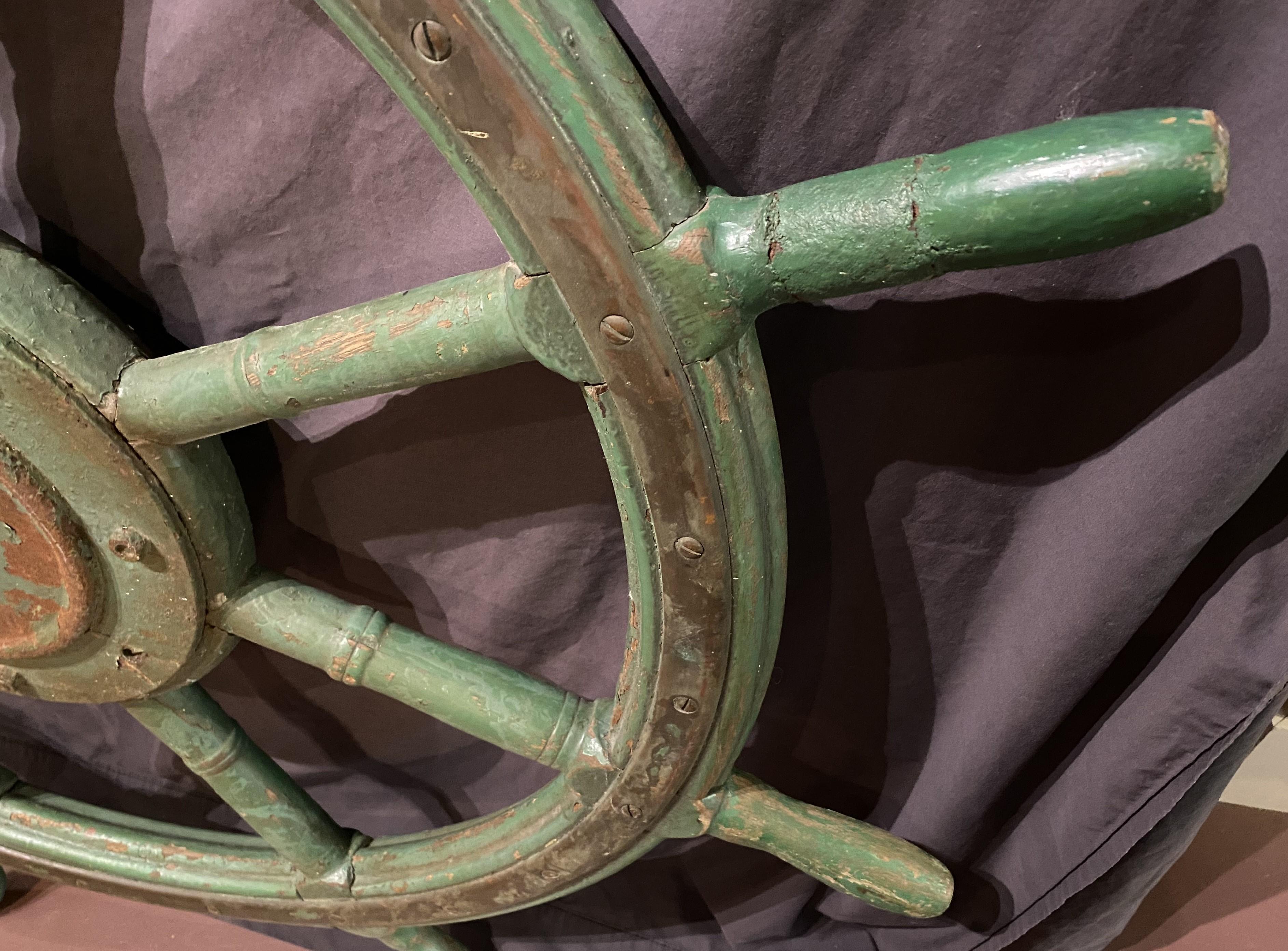 Large 19th Century Oak and Iron Ship’s Wheel in Green Paint For Sale 7