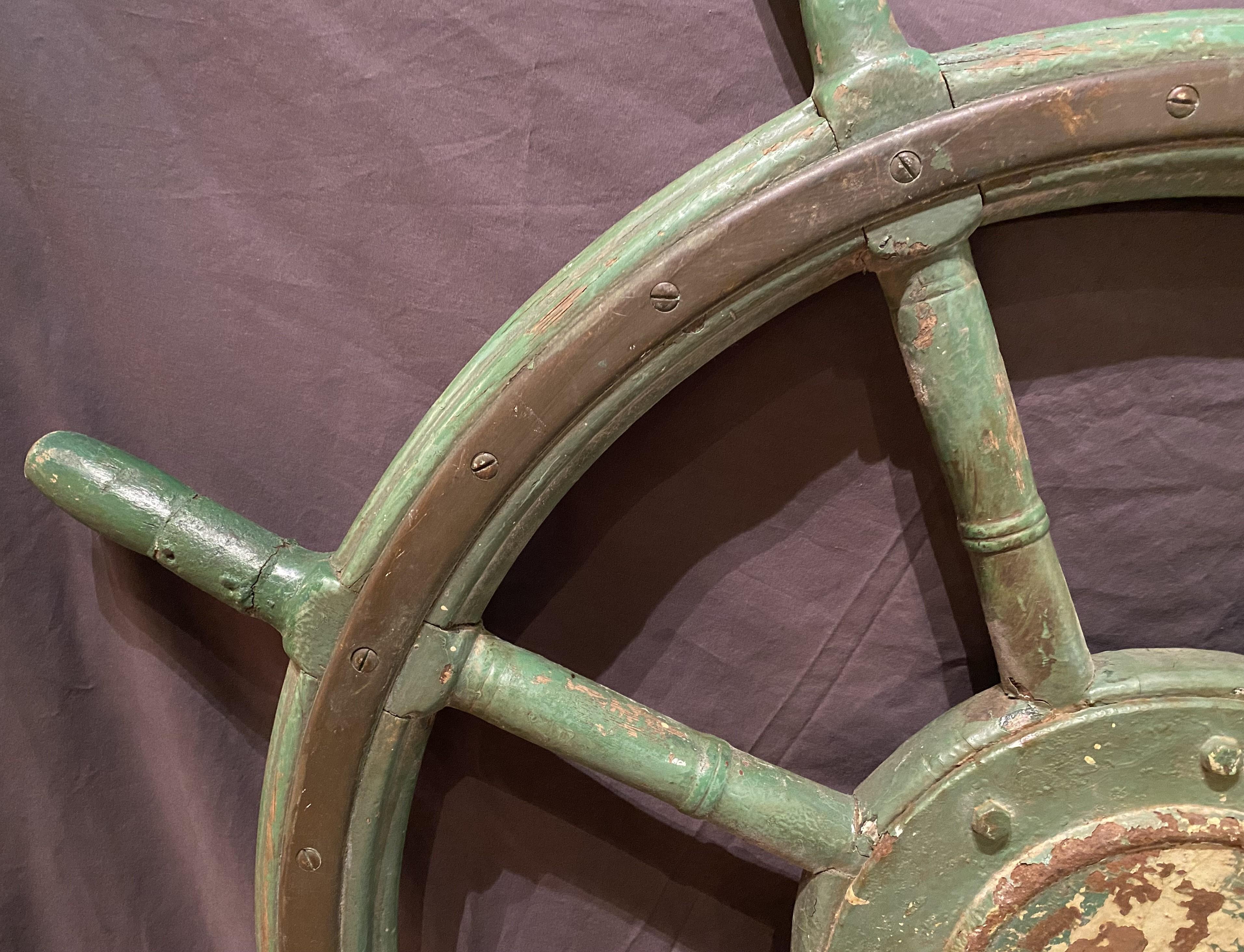 American Large 19th Century Oak and Iron Ship’s Wheel in Green Paint For Sale
