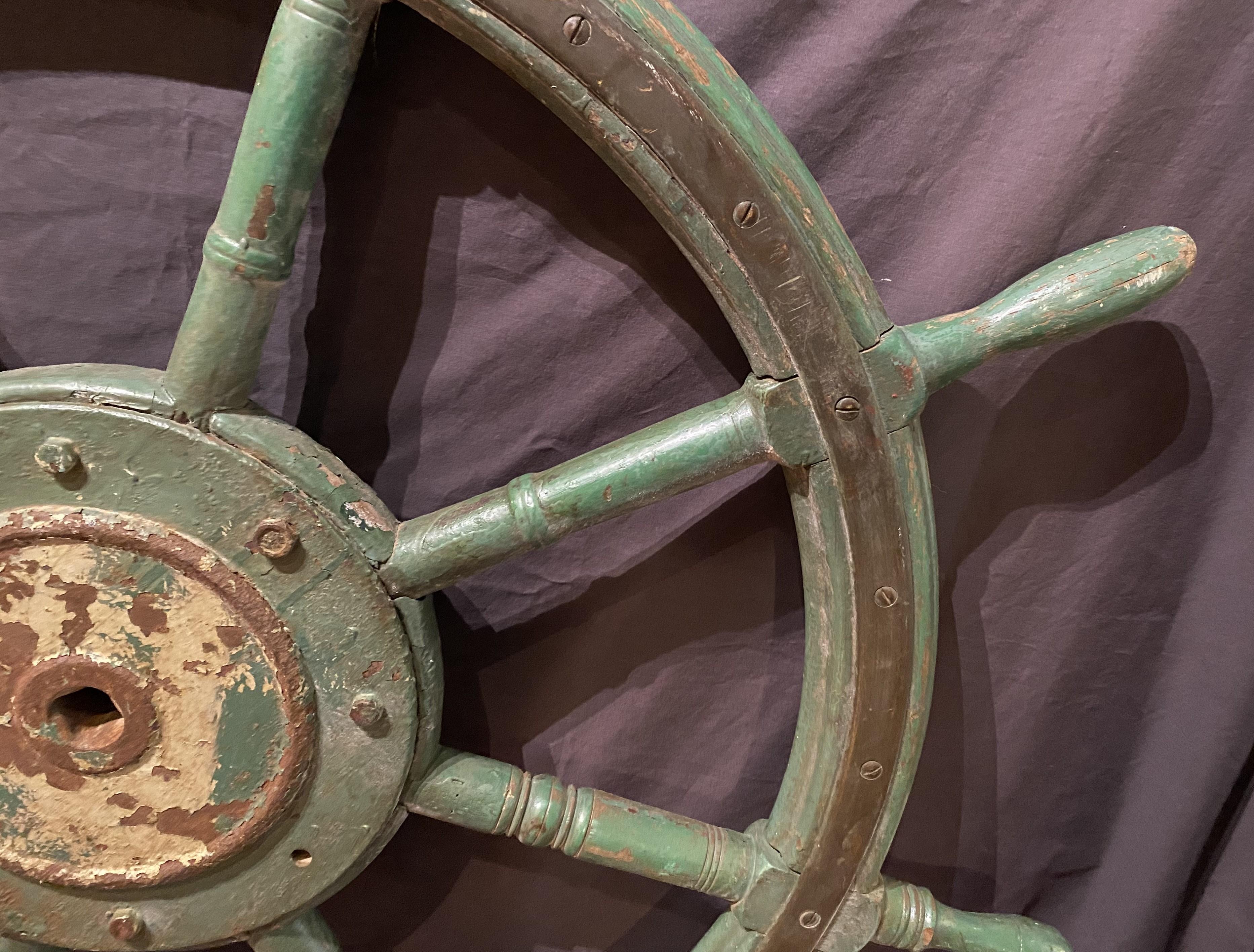 Hand-Carved Large 19th Century Oak and Iron Ship’s Wheel in Green Paint For Sale