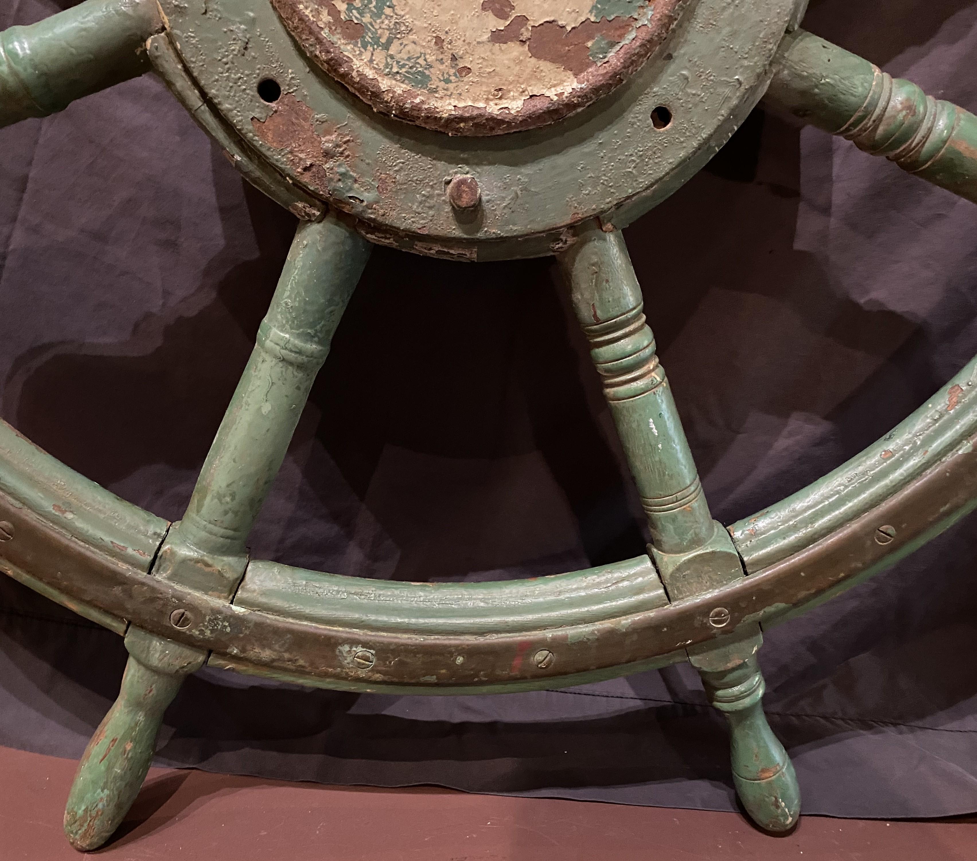 Large 19th Century Oak and Iron Ship’s Wheel in Green Paint In Good Condition For Sale In Milford, NH