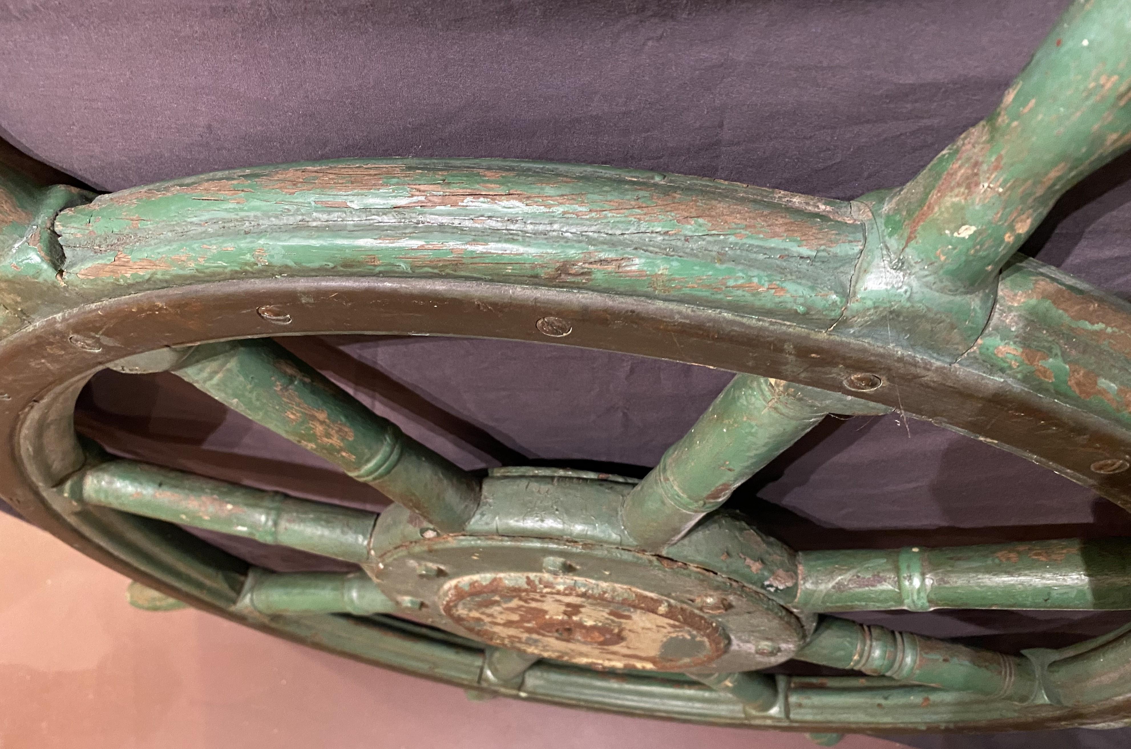 Large 19th Century Oak and Iron Ship’s Wheel in Green Paint For Sale 1