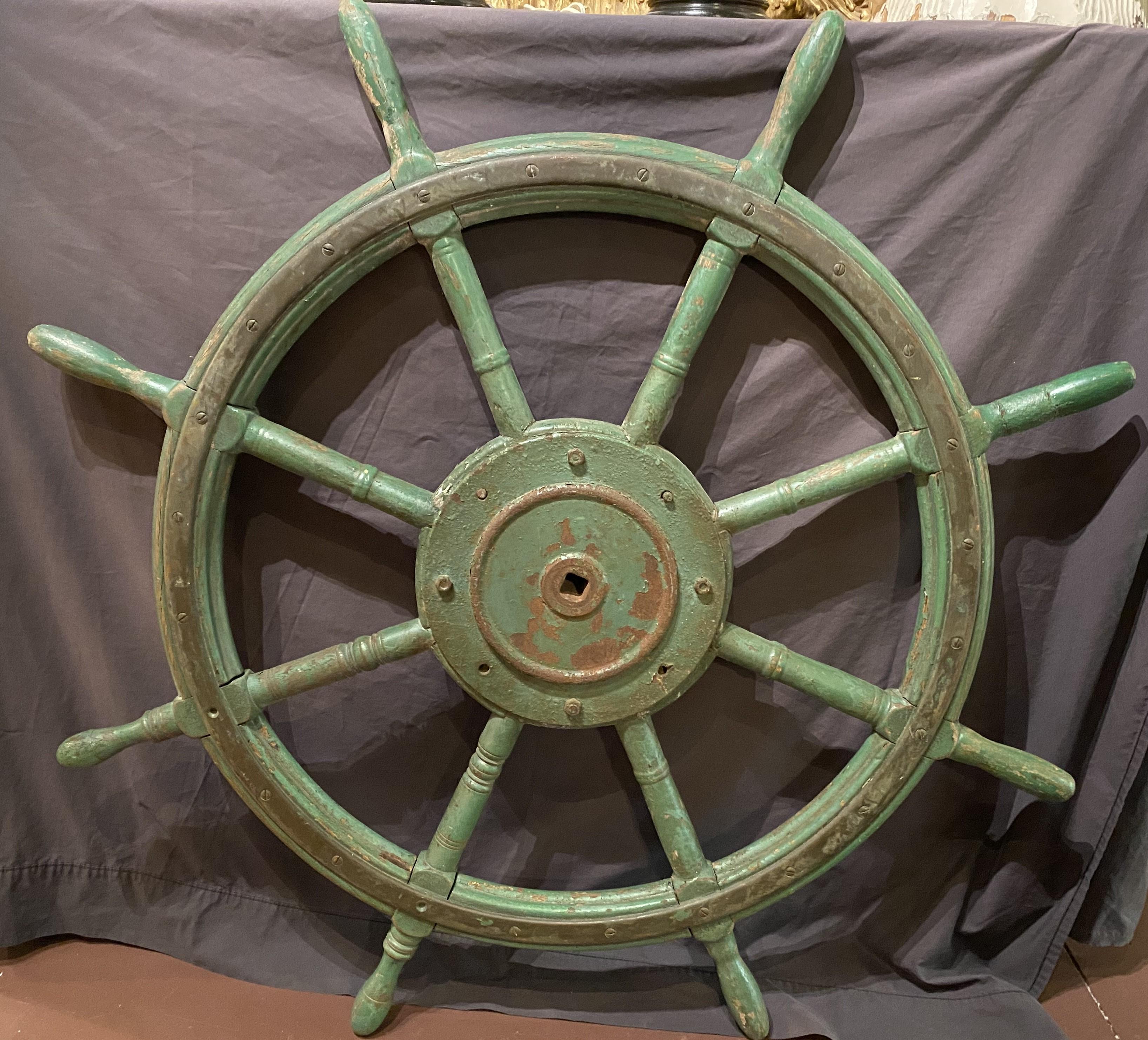 Large 19th Century Oak and Iron Ship’s Wheel in Green Paint For Sale 2