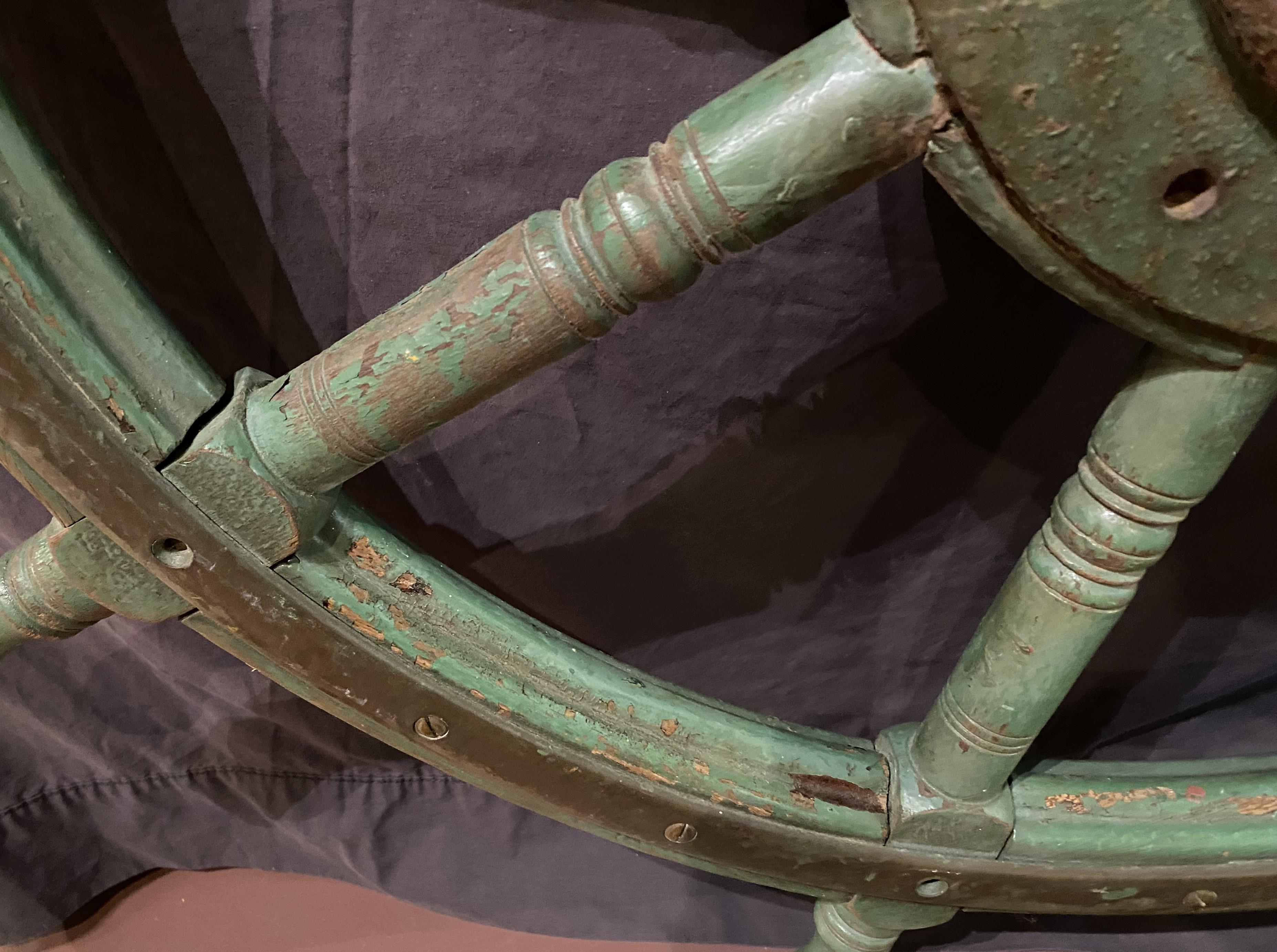 Large 19th Century Oak and Iron Ship’s Wheel in Green Paint For Sale 3