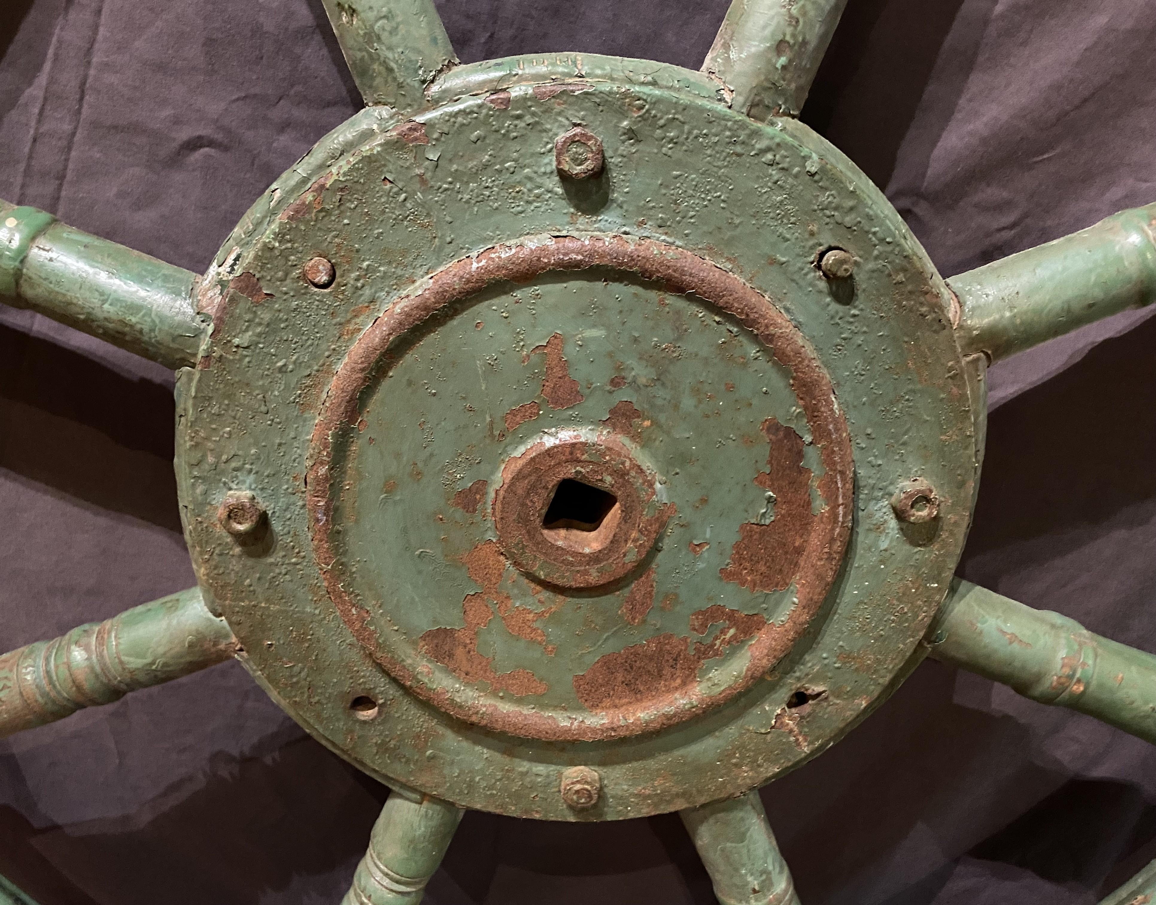 Large 19th Century Oak and Iron Ship’s Wheel in Green Paint For Sale 4