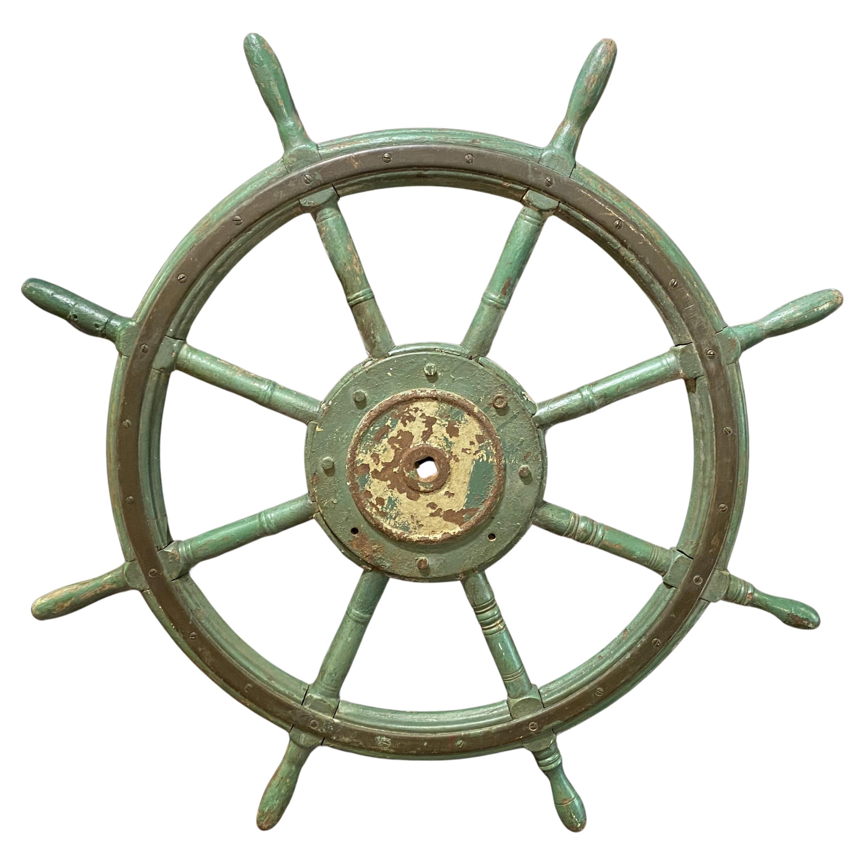 Large 19th Century Oak and Iron Ship’s Wheel in Green Paint For Sale