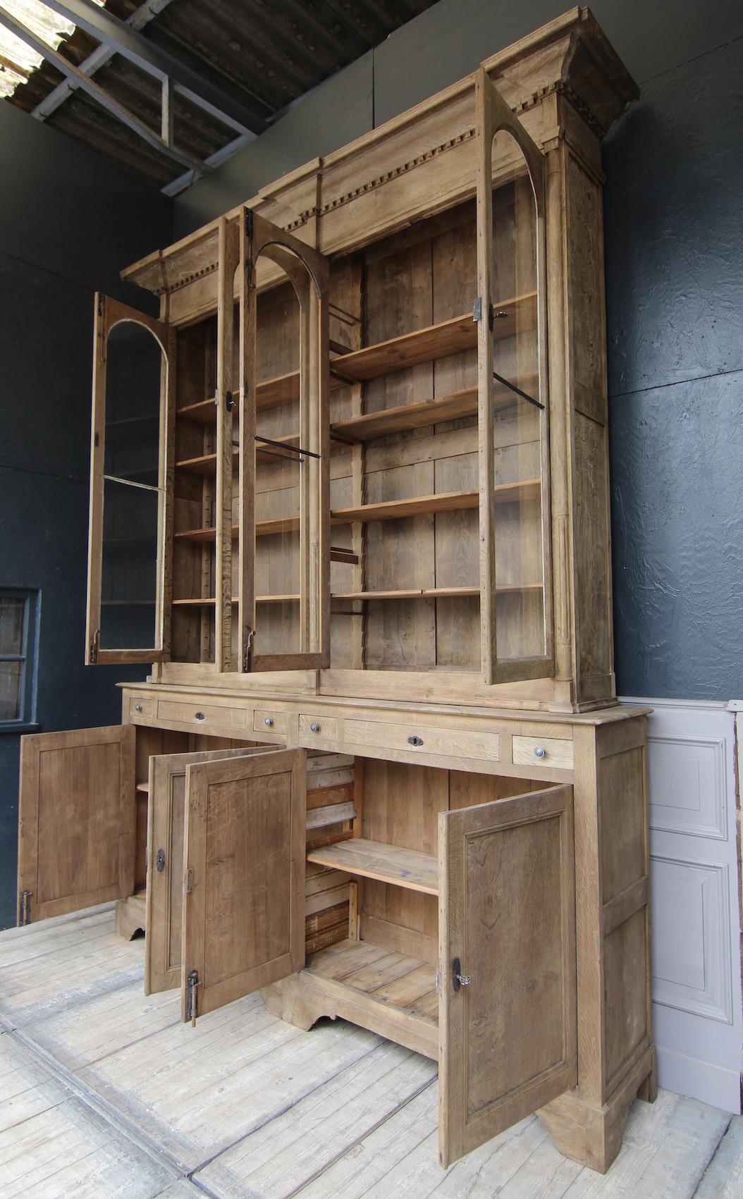 Glass Large 19th Century Oak Vitrine Cabinet or Bookcase