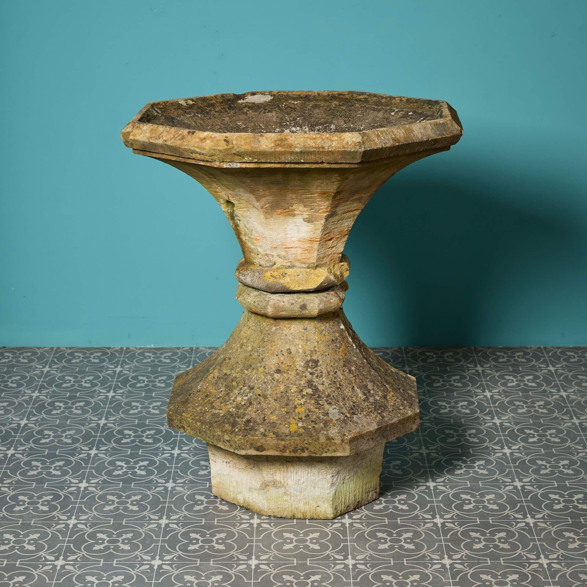 Large 19th Century Octagonal York Stone Bird Bath In Fair Condition For Sale In Wormelow, Herefordshire