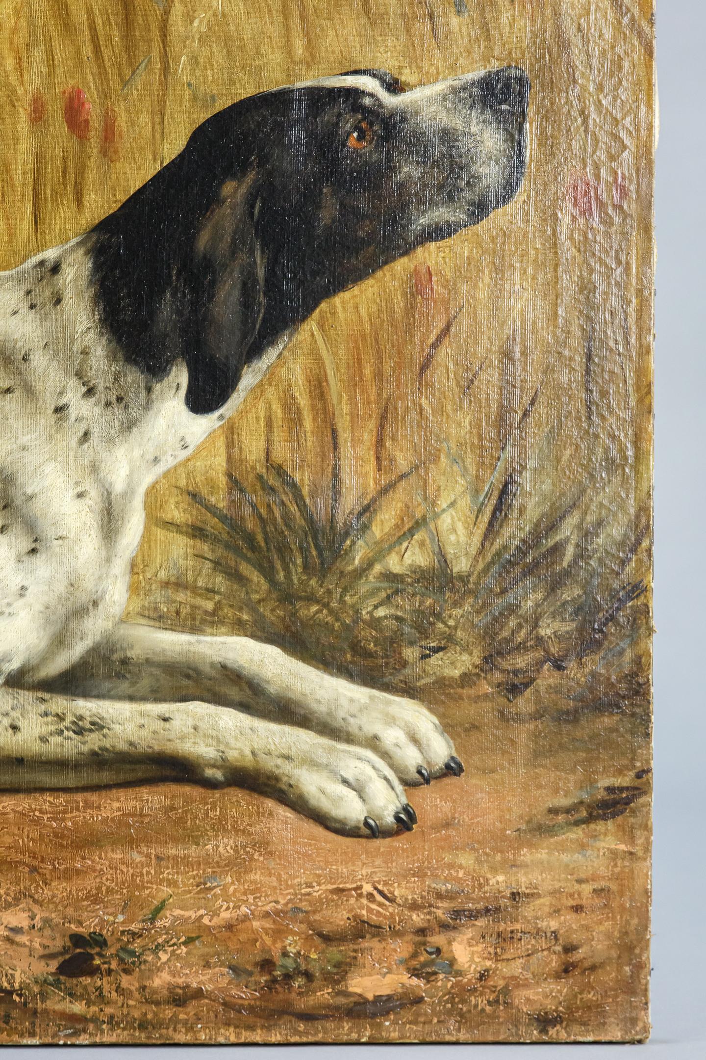 French Large 19th Century Oil on Canvas Dog Portrait of English Pointer