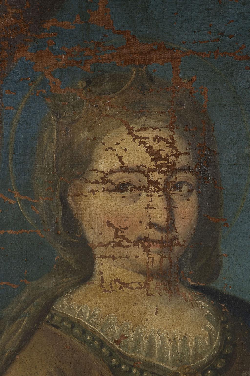 Large 19th century oil-on-canvas from Northern Italy painted in Baroque style by unknown artist. Wealthy female subject, dressed in Renaissance attire. Portrait exhibits accretion, blanching, cracks, abrasions and scraping. Fair to poor condition,