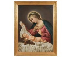 Grande peinture à l'huile sur toile du XIXe siècle représentant une Madone et un enfant